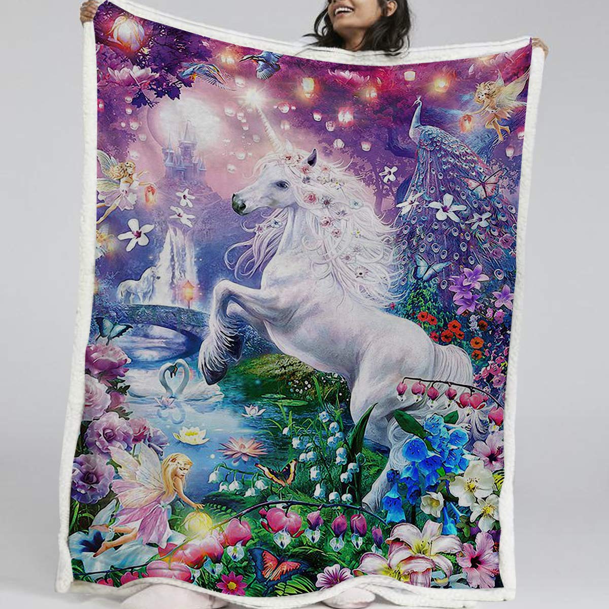 BlessLiving Fairy Unicorn Soft Fleece Throw Blanket - Cozy White Horse Plush Blanket, Reversible Sherpa & Fuzzy Fabric (50