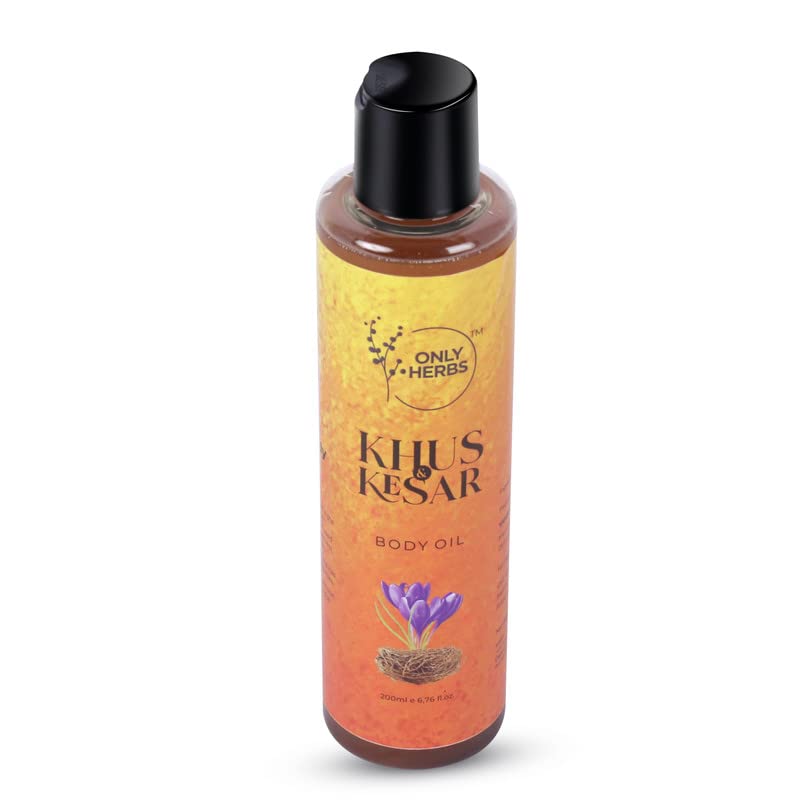 Onlyherbs Khus Kesar Saffron Turmeric Body Massage Oil for Glowing Skin - Herbal Brightening, Firming & Smoothing Natural Skin Care Oil for Women & Men - Pack of 1 - Perfect for Relaxation, Spa Treatments & Daily Skincare Routine