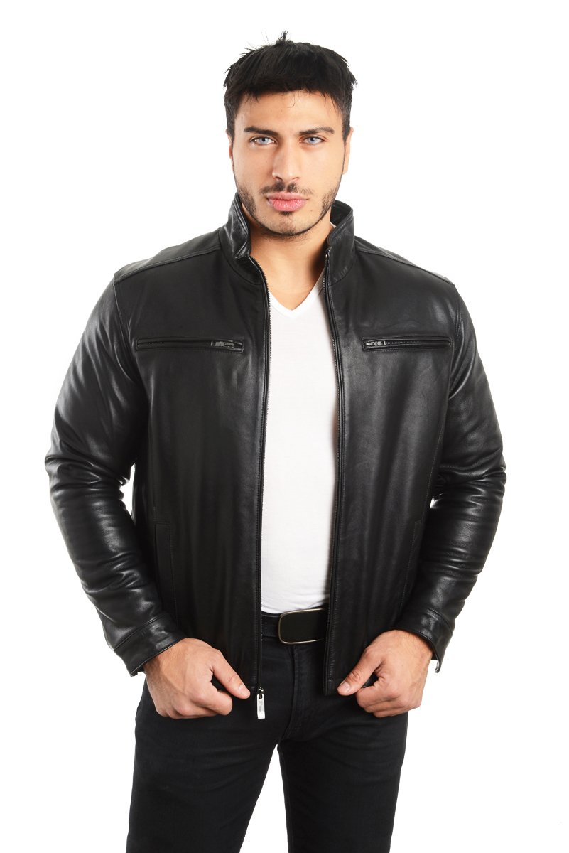 REED EST. 1950 Men's Genuine Lambskin Leather Jacket with Stand-Up Collar - Classic Vintage Biker Coat for Motorcycle Riding & Casual Outfits
