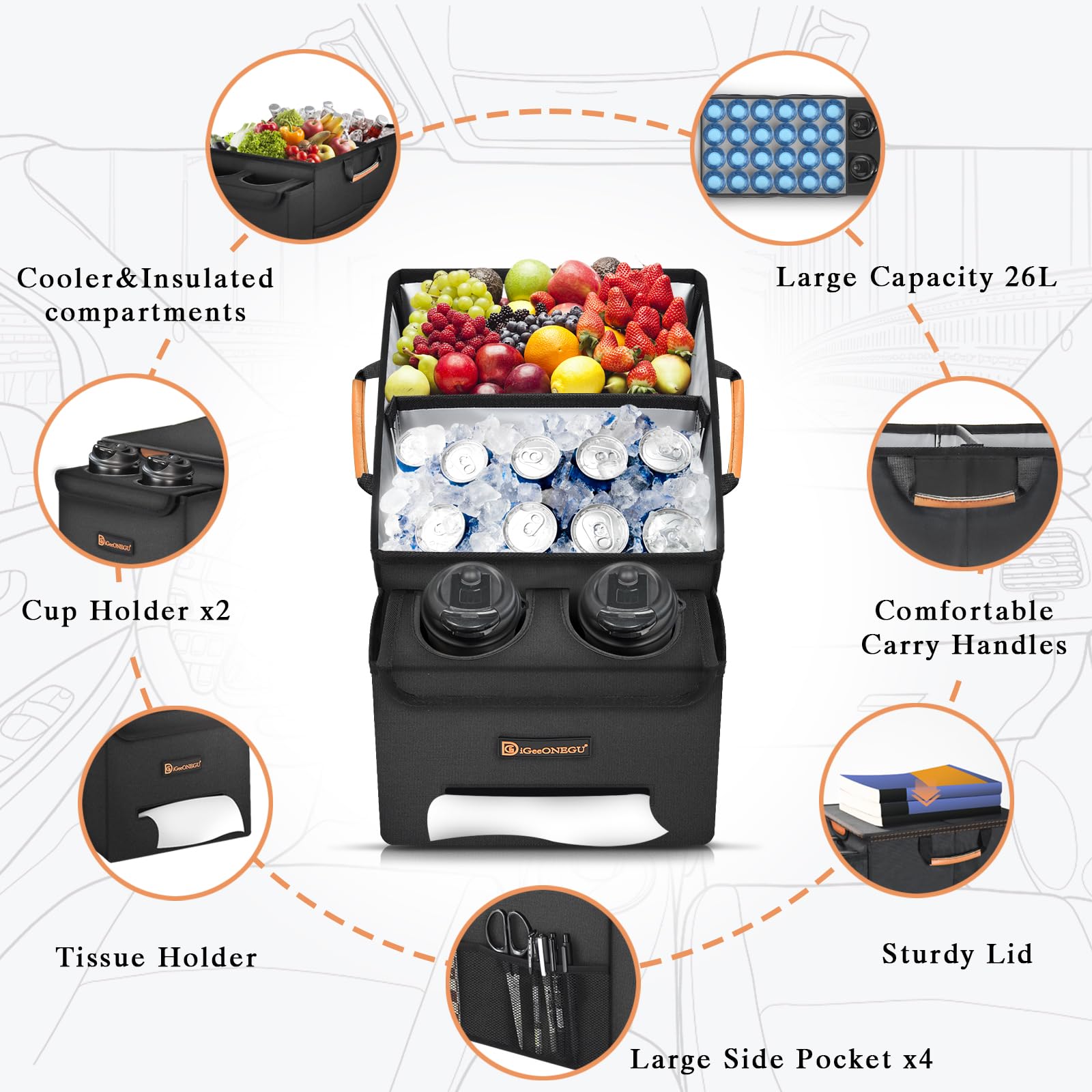 Car Seat Organizer with Cooler Compartment & Cup Holder - Black Multi-Pocket Car Storage Organizer for Front & Back Seats | Perfect for Road Trips, Family Travel & Kids' Toys Organization
