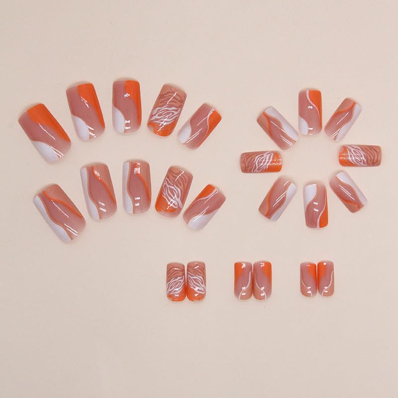 Angwis 24pcs Short Square False Nails - Leopard Print Orange & Pink Press On Nails, Full Cover Fake Nails for Women, DIY Nail Art Accessories | Perfect for Parties, Weddings, and Daily Wear