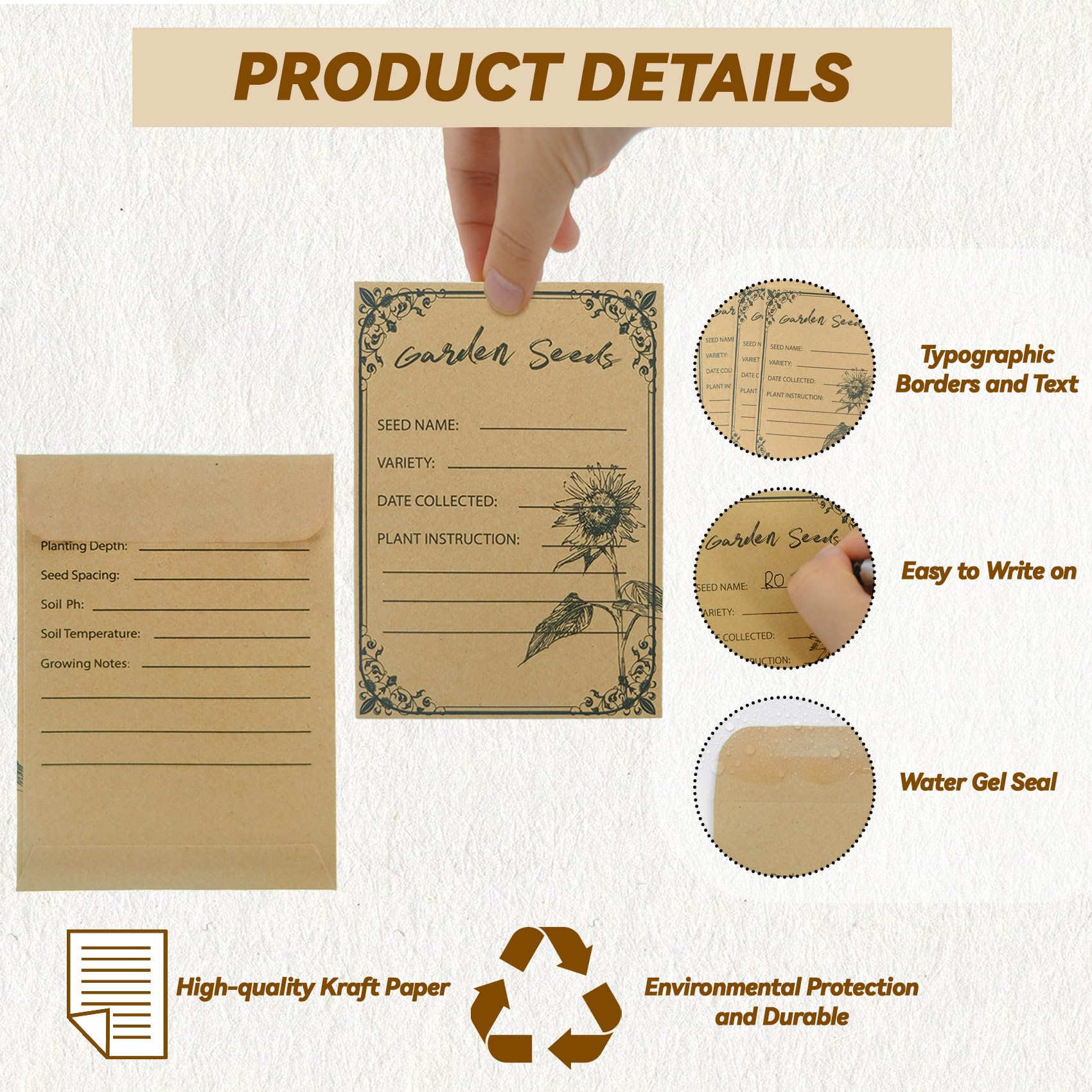 100 Pack Self-Adhesive Seed Envelopes for Storage - 4.72 x 3.15 Inch Small Seed Packets for Vegetable, Plant & Garden Seed Collection | Perfect for Organizing, Saving & Sharing Seeds with DIY Gardeners