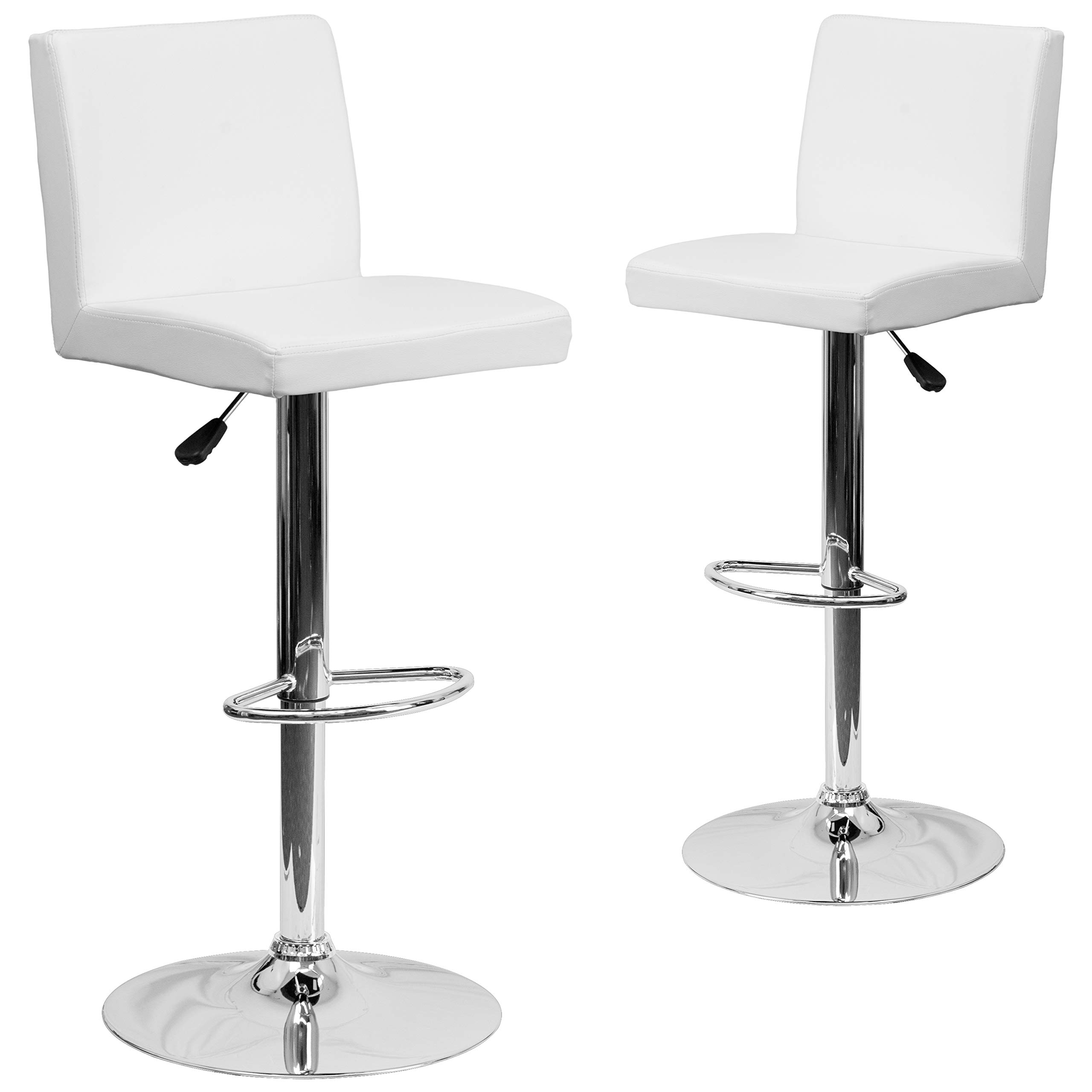 2 Pack White Vinyl Adjustable Height Bar Stools with Panel Back & Chrome Base - Perfect for Kitchen Island, Breakfast Nook & Home Bar Seating