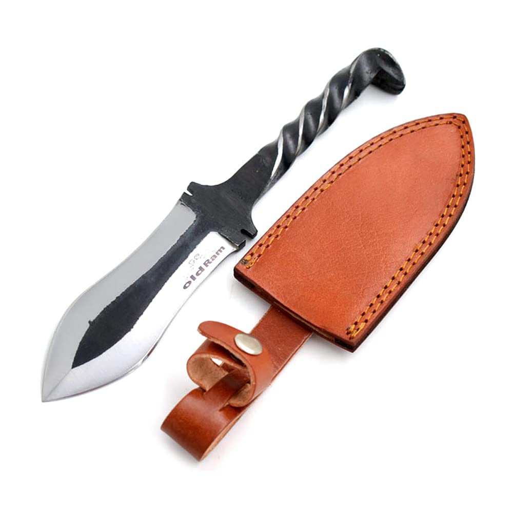 Old Ram Railroad Spike High Carbon Steel Fixed Blade Knife with Leather Sheath - Hunting, Camping, Survival & Outdoor Use (5048)