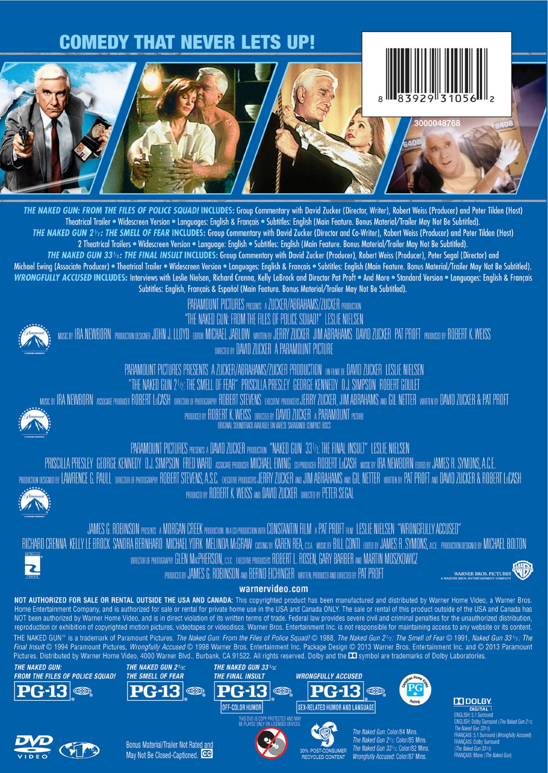Leslie Nielsen Comedy Movie Collection DVD - 4 Film Favorites (Naked Gun Trilogy & Wrongfully Accused) - Hilarious Police Parody Films for Movie Night & Gift Giving
