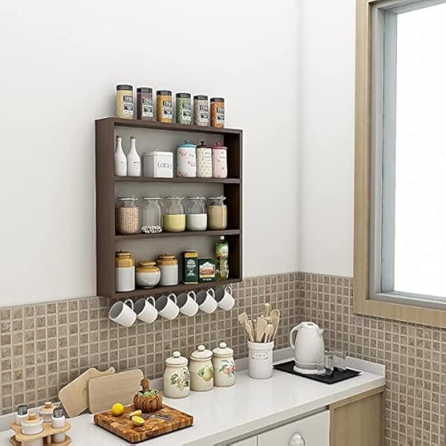 Premium Wooden Kitchen Rack Organizer - Rustic Brown Storage Shelf & Stand for Spices, Utensils & Cookbooks | Perfect for Pantry, Countertop & Small Space Organization