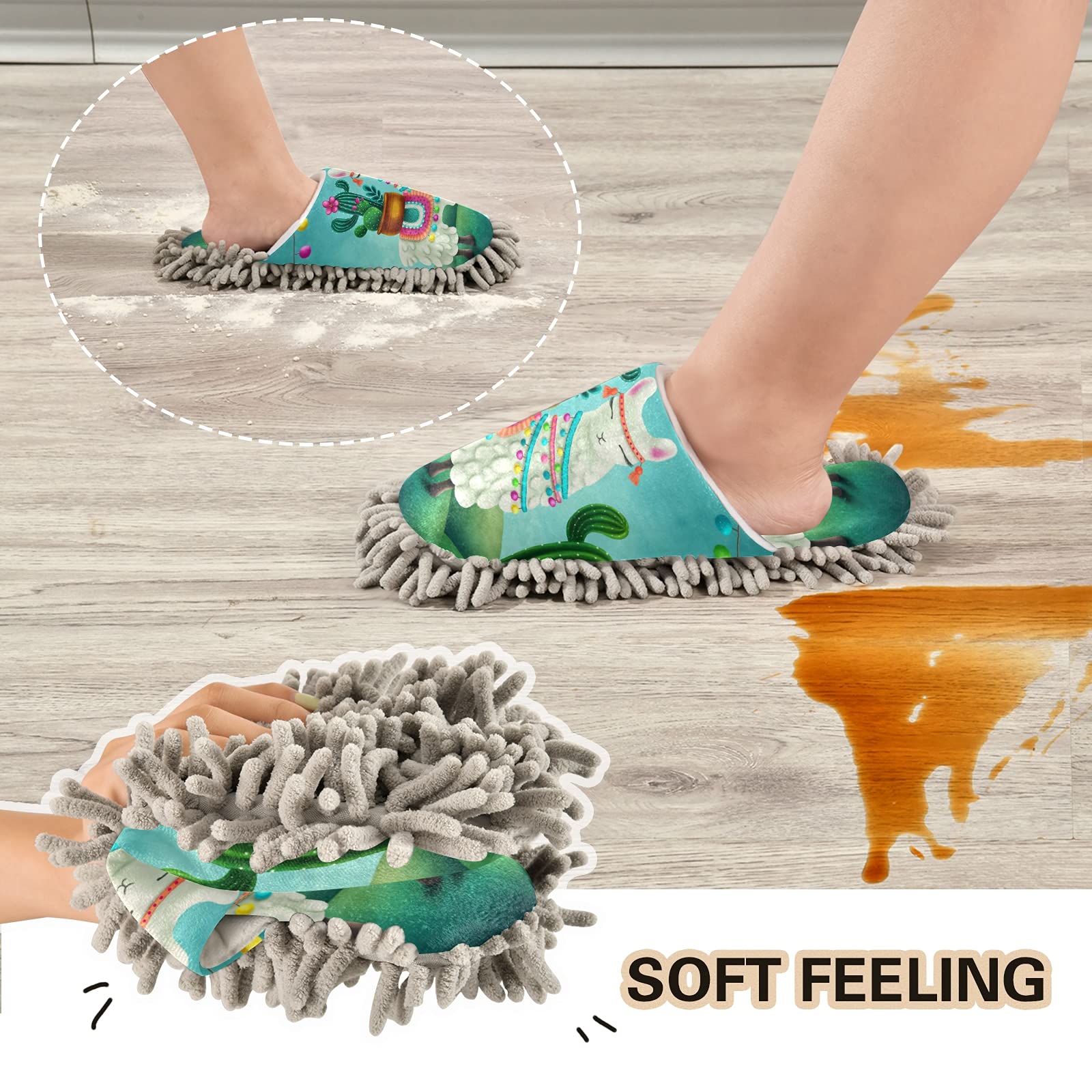 Boccsty Cute Llama Cactus Mop Slippers - Alpaca Animal Succulent House Cleaning Slippers for Men & Women | Spa, Dusting & Home Shoes | Perfect for Indoor Cleaning, Relaxing & Gift Giving