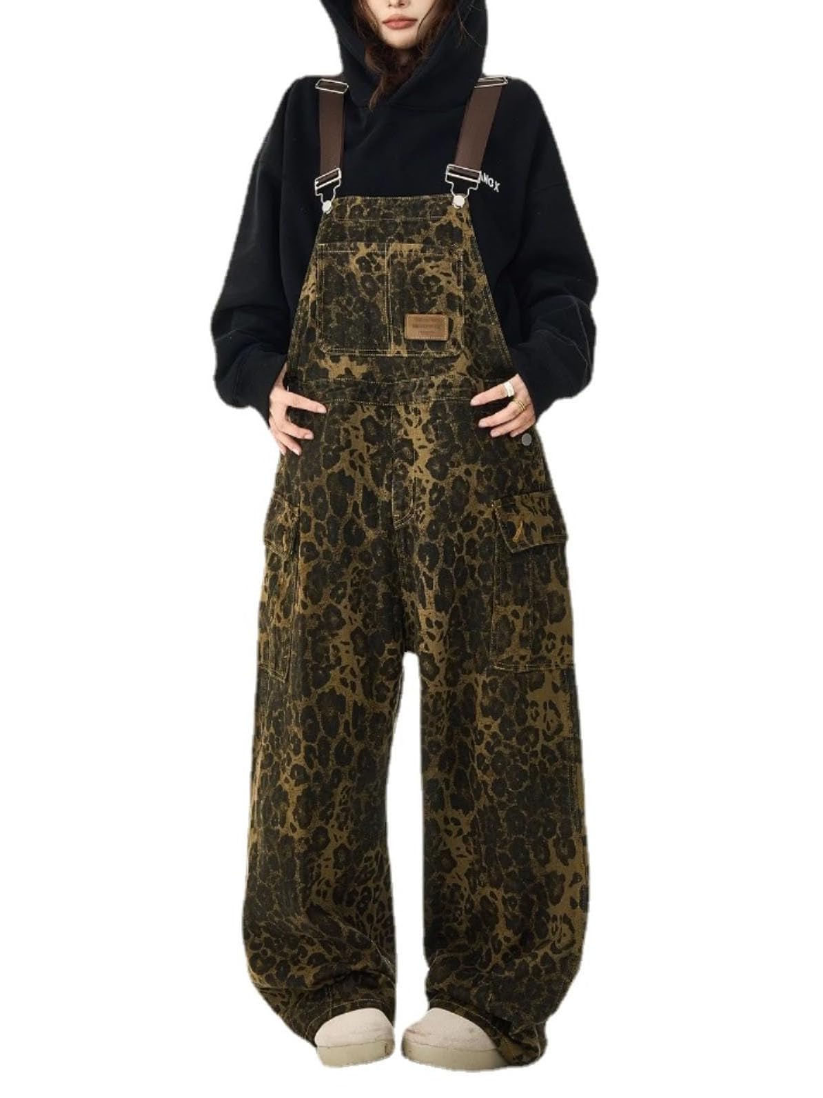 Vintage Leopard Print Denim Overalls for Women - Loose Fit Y2K Baggy Jumpsuit with Pockets | Streetwear Fashion for Casual Outings & Music Festivals