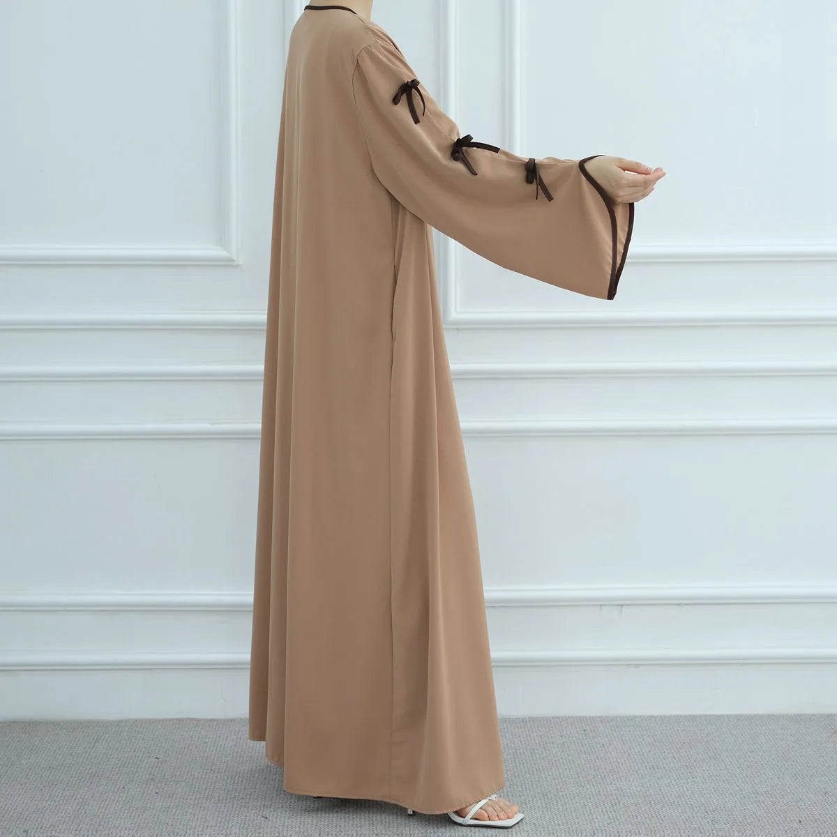 2-Piece Soft Nida Open Abaya Dress Set with Inner Sleeveless Dress - Elegant Muslim Prayer Dress for Women (Beige, #251003) | Perfect for Eid, Ramadan, Mosque & Special Occasions
