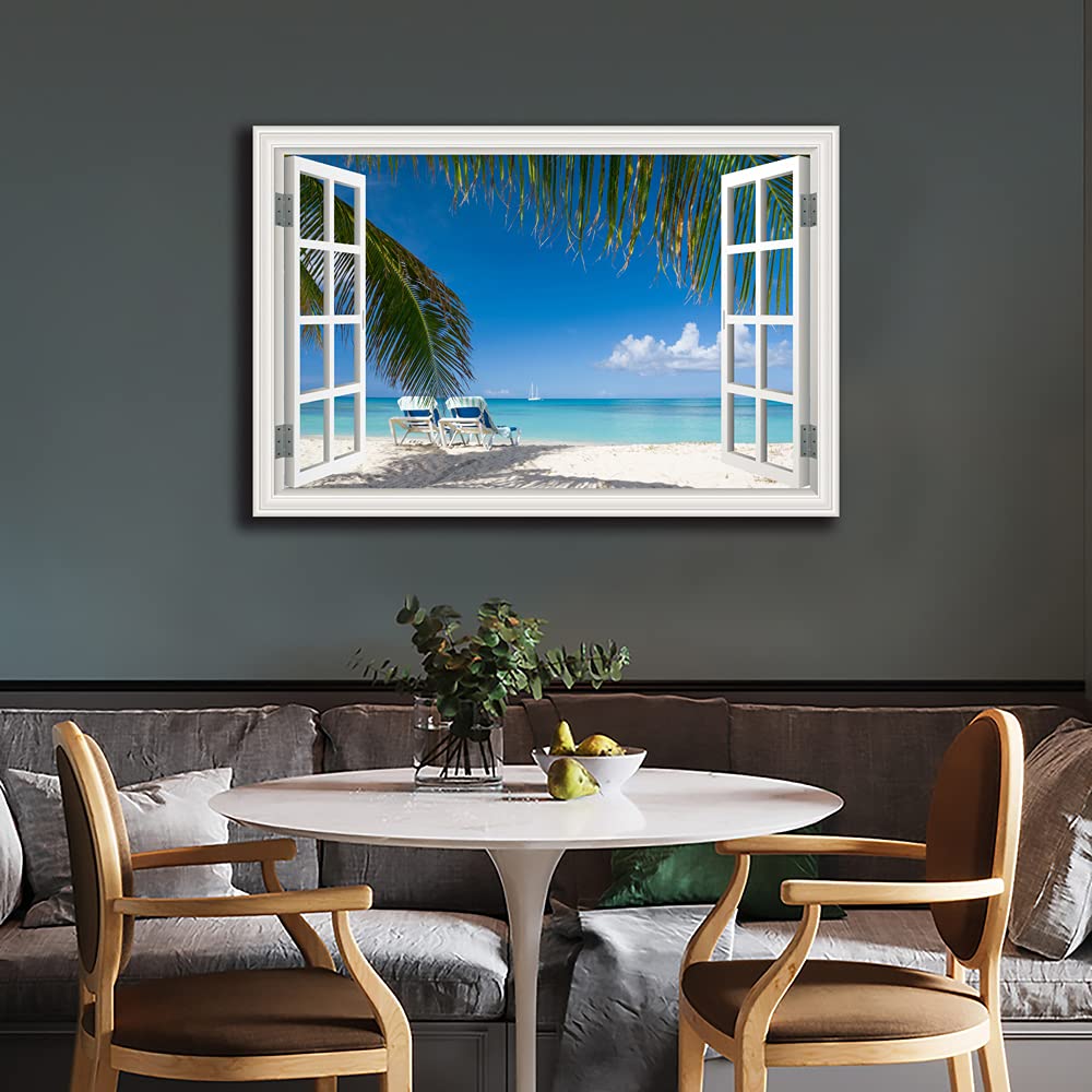 Tropical Beach Wall Art - Window Frame Style Canvas Print with Palm Tree & Blue Ocean - Coastal Decor for Living Room, Bedroom, Home - Perfect for Beach House, Vacation Rental & Coastal Theme Interior Design