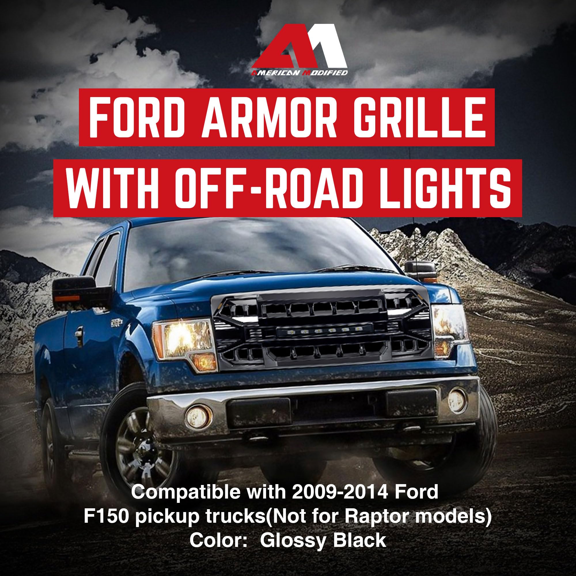 Direct Fit Replacement Front Armor Grille for 2009-2014 Ford F150 with Off-Road Lights - Glossy Black | Heavy Duty Truck Accessory for Off-Roading & Customization