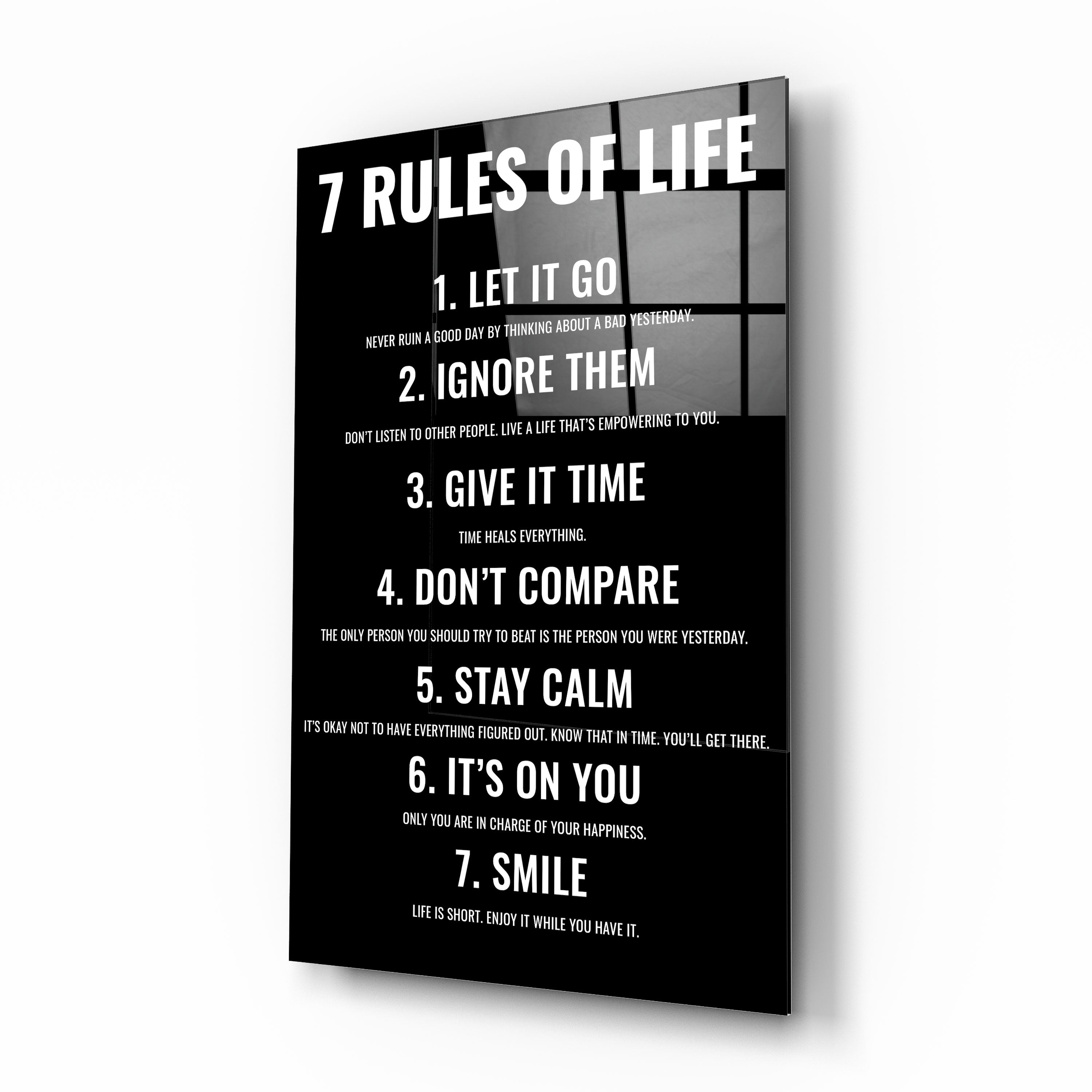 7 Rules of Life Motivational Glass Print Wall Art - Inspirational Home & Office Decor for Living Room, Bedroom, or Workspace