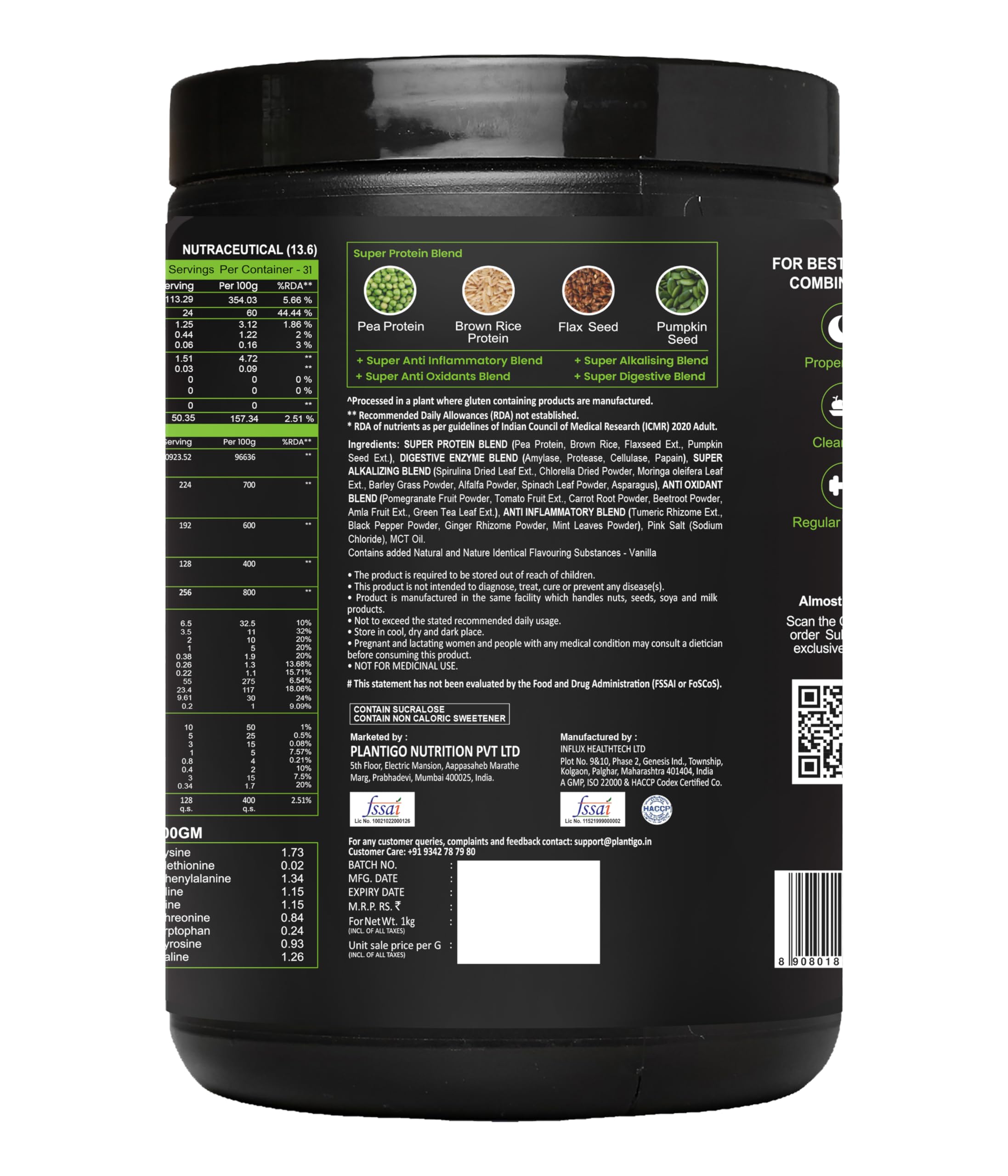 Plantigo Vegan Pea Protein Powder - Vanilla Flavor, 1kg | 24g Protein, 4.4g BCAA, 2g Leucine | Fast Digesting, Sugar-Free, No Preservatives | Ideal for Smoothies, Baking & Post-Workout Recovery for Men & Women