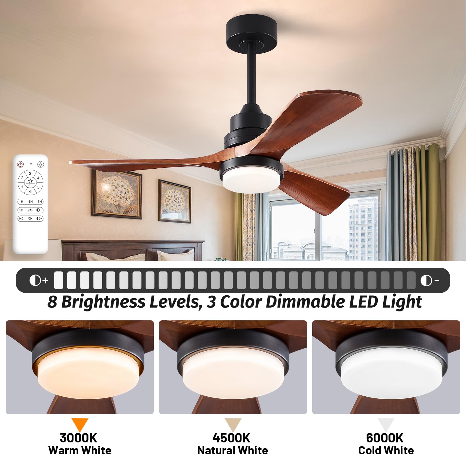42 Inch Wood Ceiling Fan with Light and Remote Control - Upgraded Dimmable Quiet Reversible DC Motor, 3 Blade 6 Speed Black Ceiling Fan for Farmhouse, Living Room, Bedroom, Dining Room, Office - Perfect for Home Cooling and Stylish Interior Decor