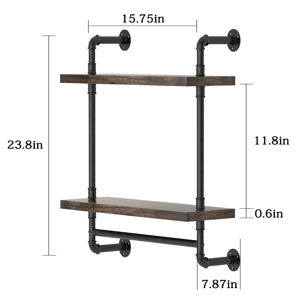Helsin Industrial Pipe Floating Bathroom Shelves - 2 Tier Rustic Wood Wall Shelf with Metal Towel Bar, 16 Inch Wall Mounted Storage Rack for Bathroom, Kitchen, Farmhouse & Living Room - Perfect for Organizing Towels, Books & Decor in Small Spaces