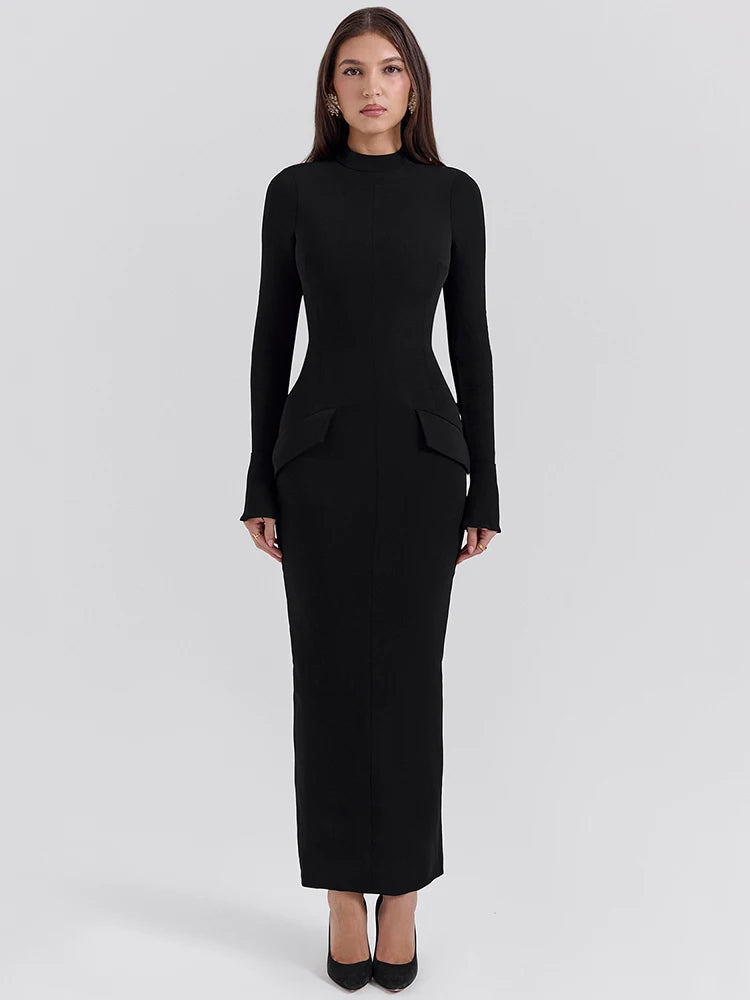 Elegant Black Long Sleeve Bodycon Maxi Dress for Women - O Neck with Two Pockets & Back Split - Perfect for Fall Winter Fashion, Date Nights, and Evening Parties