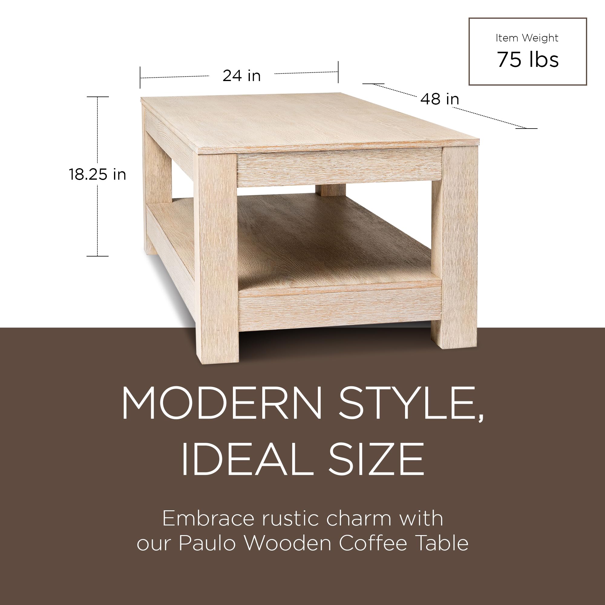 Rustic Rectangle Wooden Coffee Table with Shelf Storage - 2-Tier Maven Lane Paulo Large Center Table in Weathered White Finish for Living Room, Farmhouse & Modern Home Decor