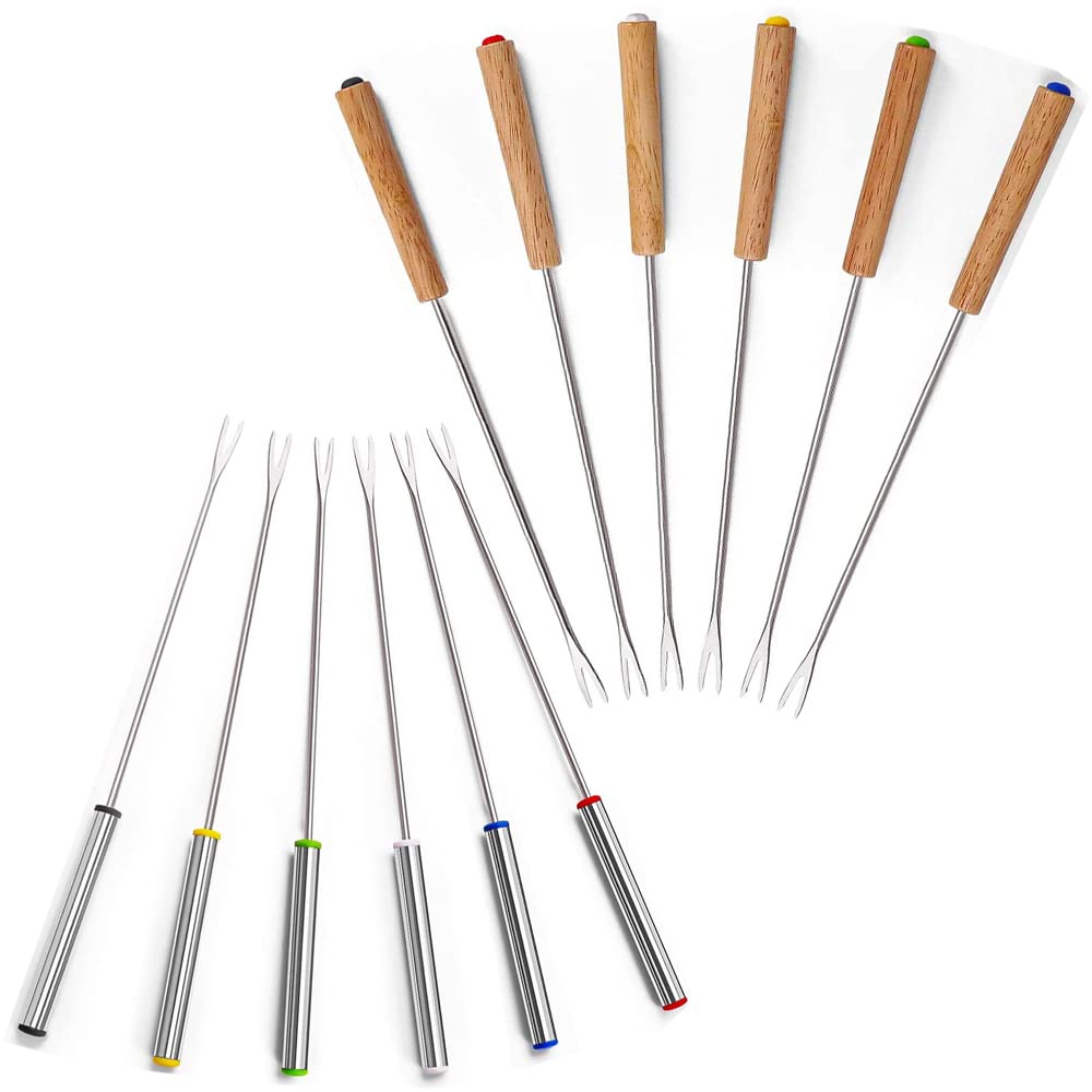 12-Piece Fondue Fork Set - 6 Stainless Steel & 6 Wooden Handle Forks for Cheese, Chocolate, Fruit - Perfect for Parties, Romantic Dinners & Family Gatherings