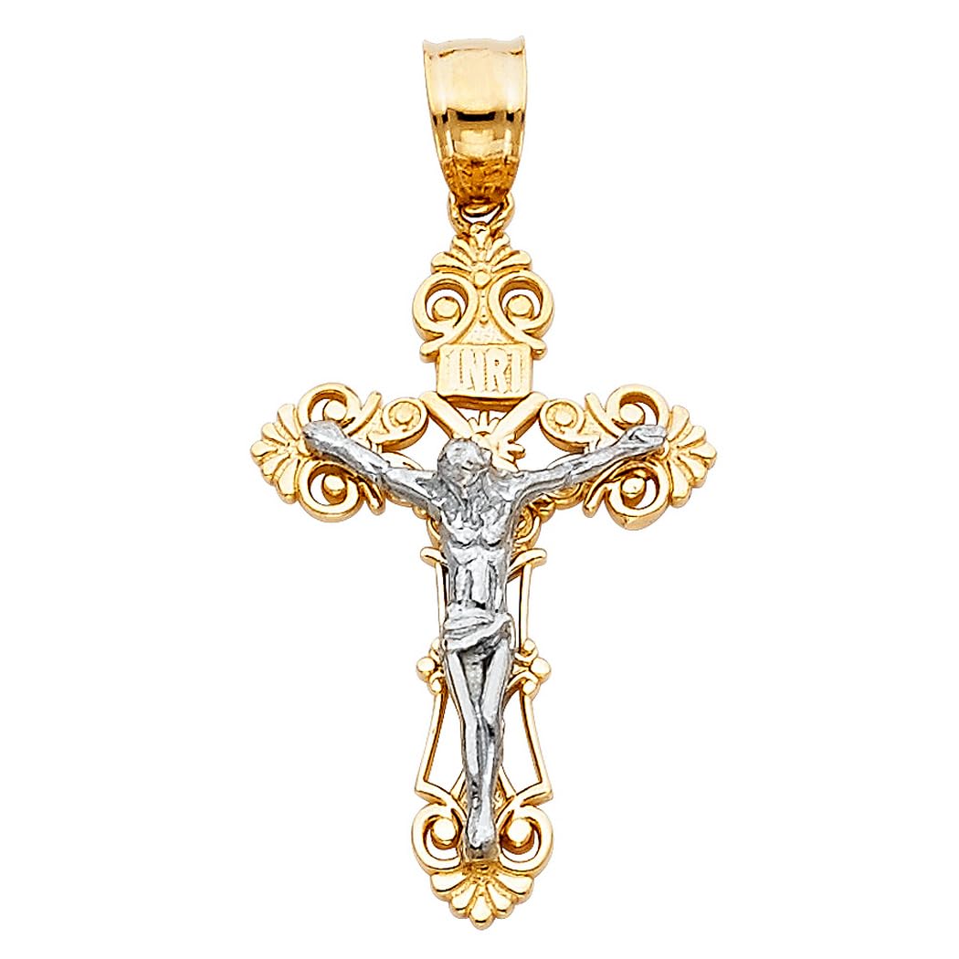 14K Yellow Gold and White Gold Budded Crucifix Pendant Necklace for Women - 16x27mm Small Religious Jewelry - Perfect for Church, Weddings, and Everyday Faith Wear