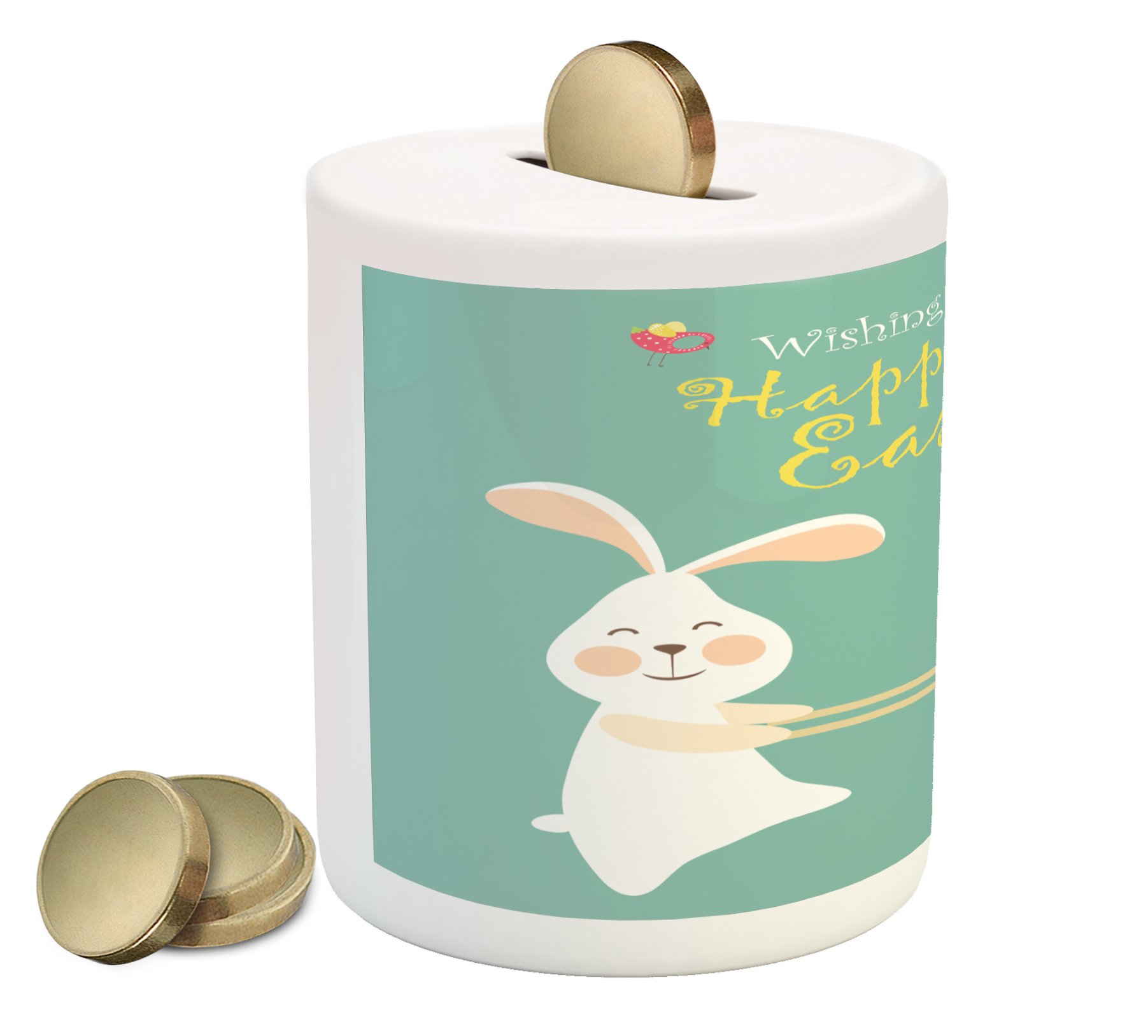 Ambesonne Easter Ceramic Piggy Bank - Smiling Bunny with Cart Full of Colorful Eggs & Rabbits - 3.6