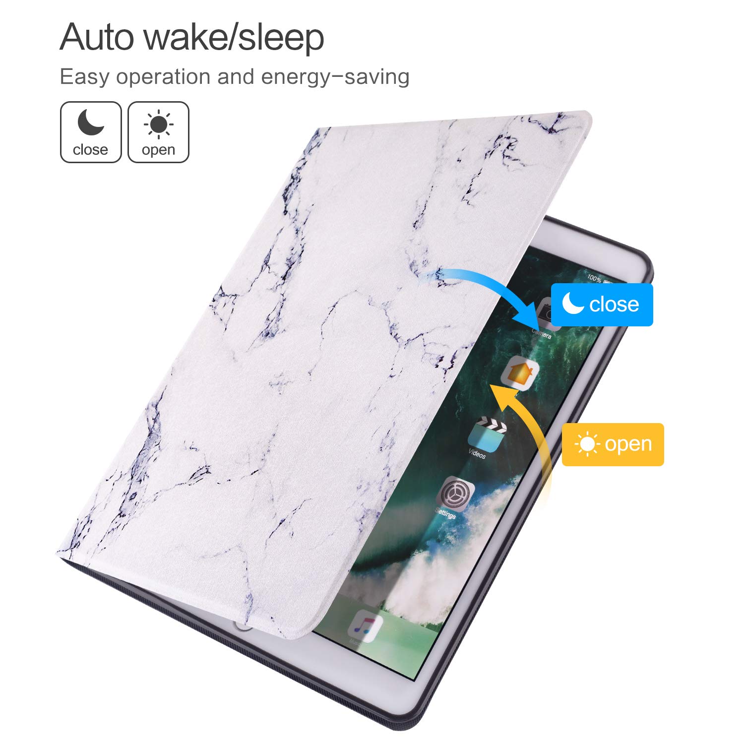 Premium Vimorco iPad 9.7 Case (2017/2018/Air 2/Air) - Shockproof TPU Back Cover with Auto Wake/Sleep | Adjustable Stand Leather Folio Case in Marble White - Perfect for Work, Travel & Home Use