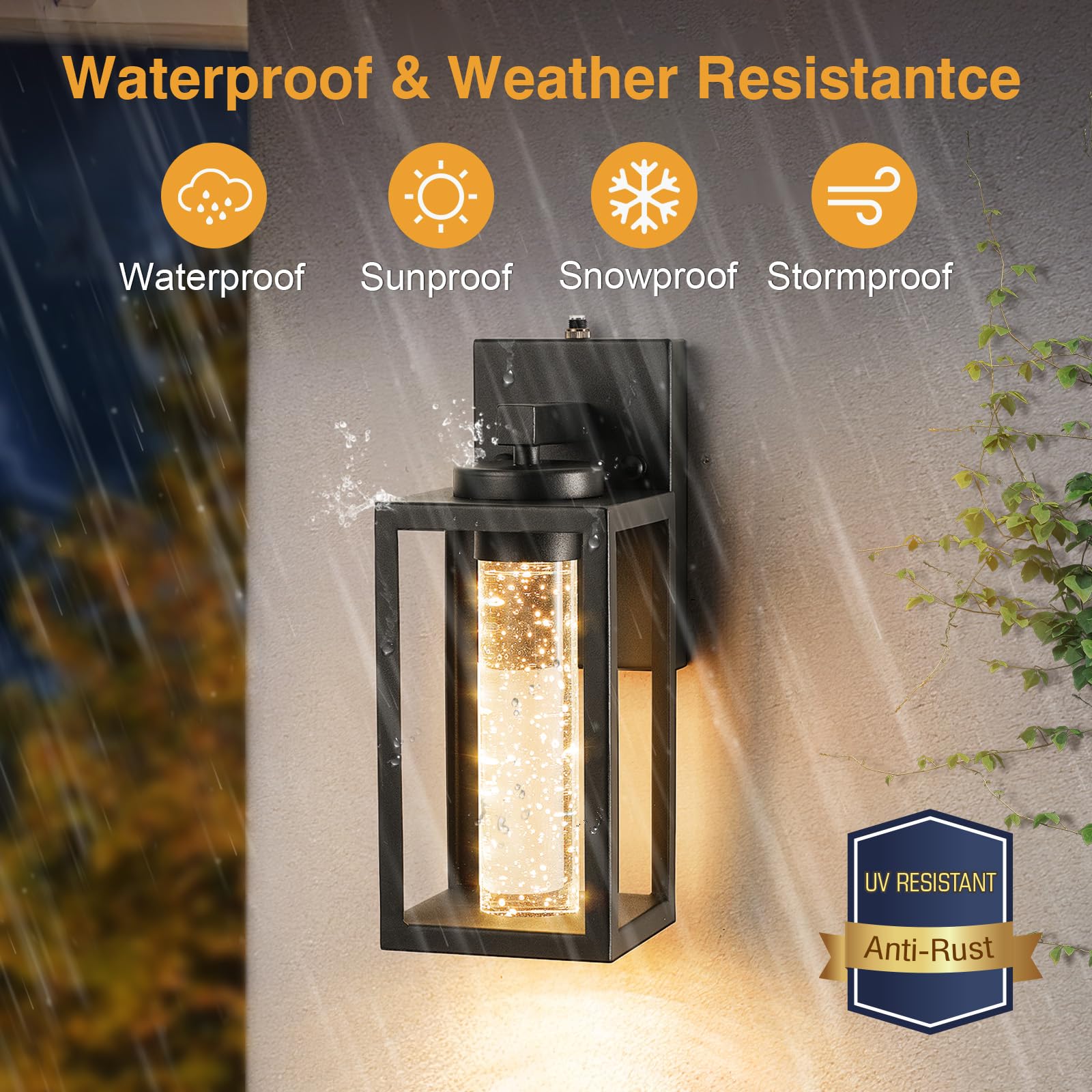 VIANIS 2 Pack Black Outdoor Wall Sconce Lights - 10W LED Modern Porch Lighting with Crystal Bubble Glass - Waterproof Exterior Light Fixtures for House, Garage, Patio (Perfect for Entryway, Garden & Pathway Illumination)
