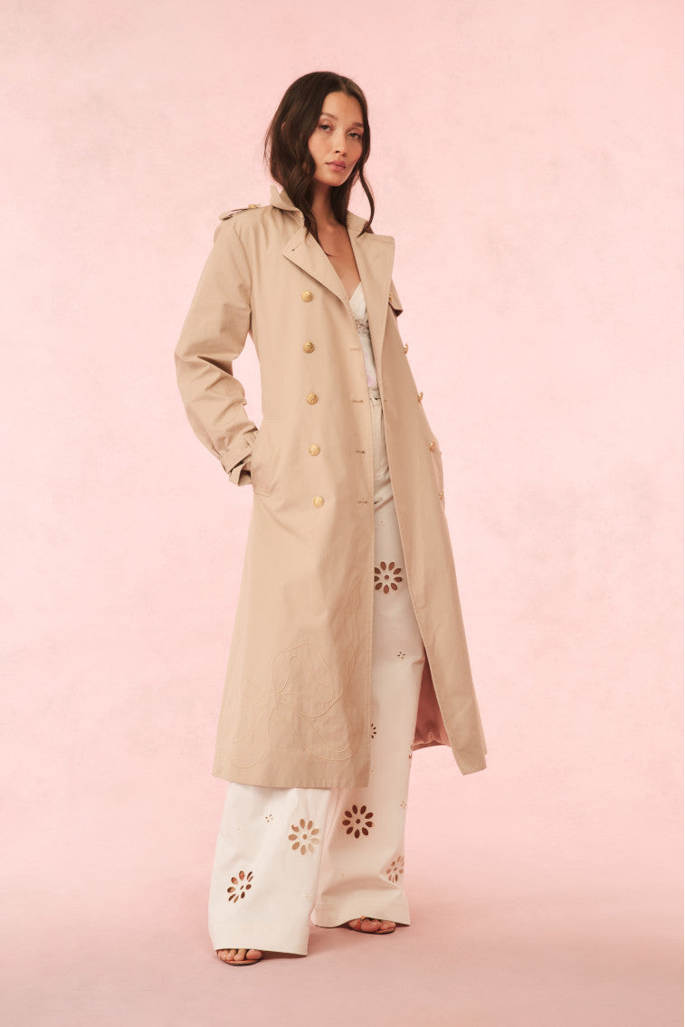 Thiel Bow Embroidered Trench Coat for Women - Elegant Long Double Breasted Wool Blend Jacket with Detachable Belt | Perfect for Office, Date Night & Fall Fashion