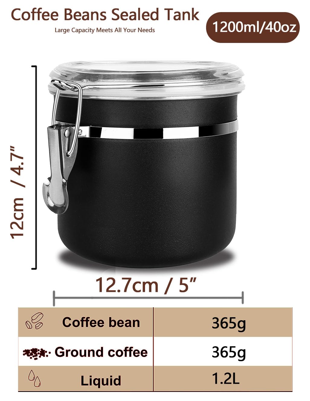 Airtight Stainless Steel Food Storage Container with Clear Lid - 1.2L/40oz Stackable Kitchen Canister for Cereal, Snacks, Candy, Herbs, Spices, Sugar & Tea - Perfect for Pantry Organization & Meal Prep (Black)
