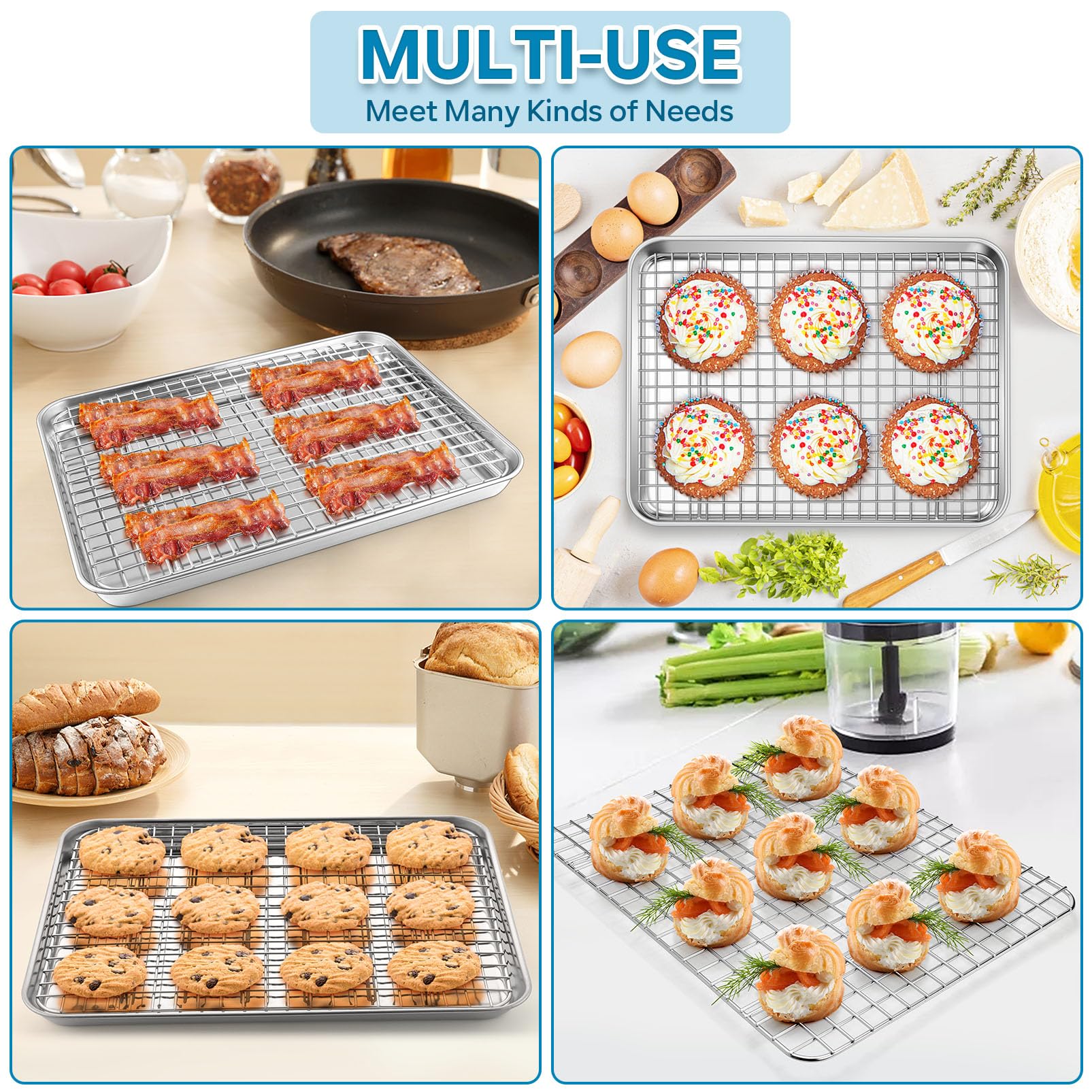 Stainless Steel Baking Pan Set with Rack - 12.5x10 Inch Toaster Oven Baking Tray & Cooling Rack for Roasting, Baking, Cookies, Pizza - Heavy Duty & Dishwasher Safe (2-Piece Set) - Perfect for Home Baking, Meal Prep & Holiday Cooking