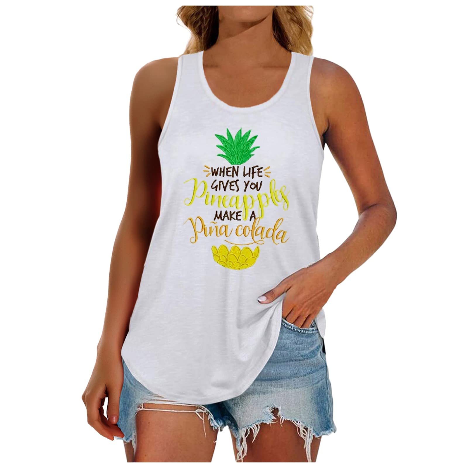 Women's Pineapple Print Sleeveless Tank Top - O-Neck Casual Graphic Tee for Summer & Fall - Perfect for Beach Outfits, Vacation Wear & Casual Street Style