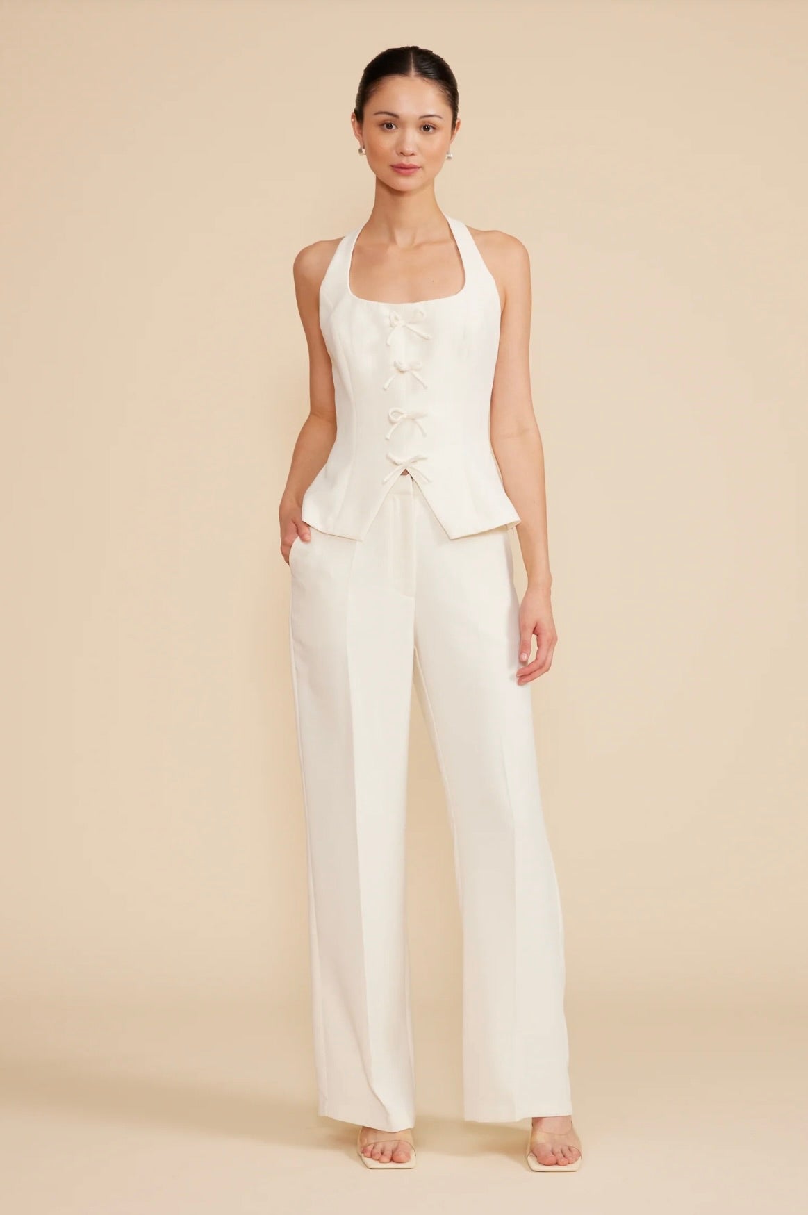 Valli Pants Ivory - Women's High Waisted Wide Leg Palazzo Trousers for Office, Wedding & Casual Wear