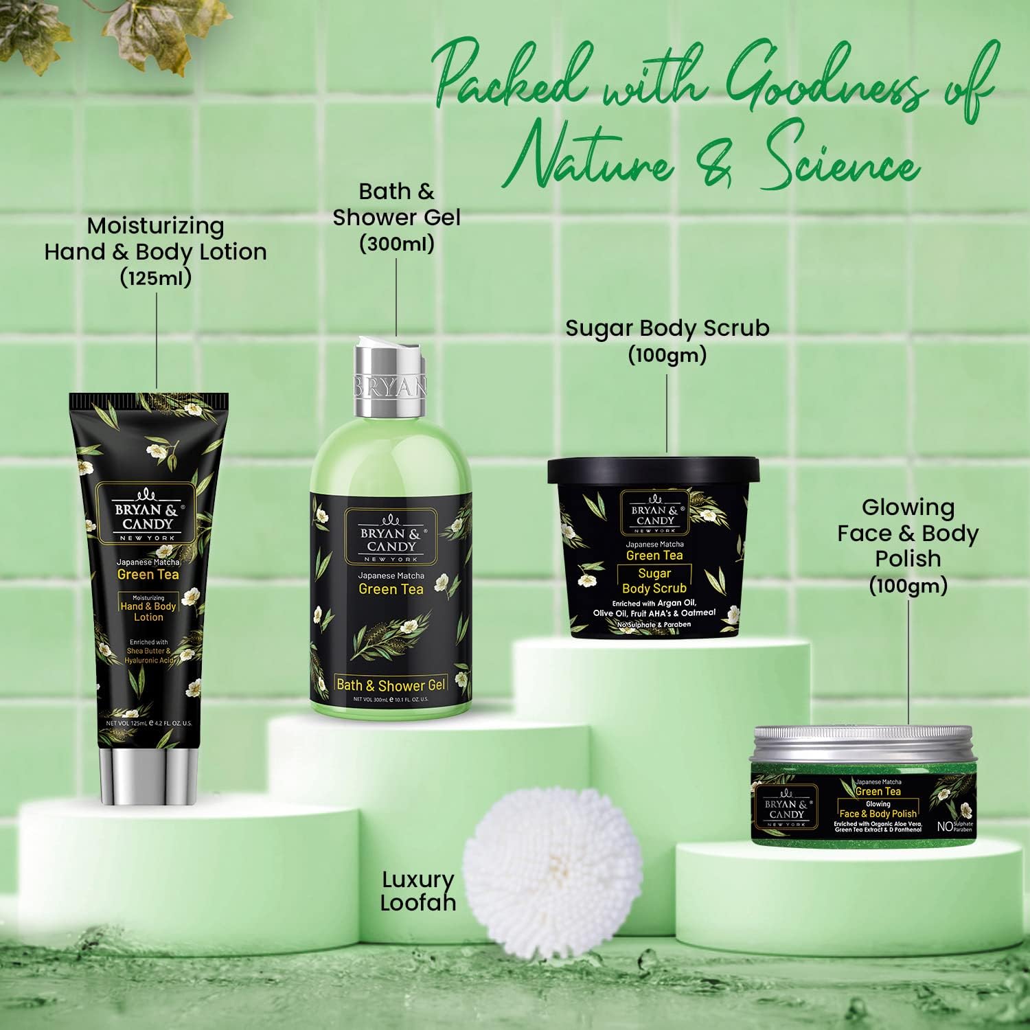 Organic Green Tea Bath & Body Gift Set for Women & Men - pH 5.5 Balanced Spa Kit with Shower Gel, Body Lotion, Sugar Scrub & Polish | Vegan, SLS & Paraben Free | Perfect for Relaxation, Self-Care & Romantic Gifts