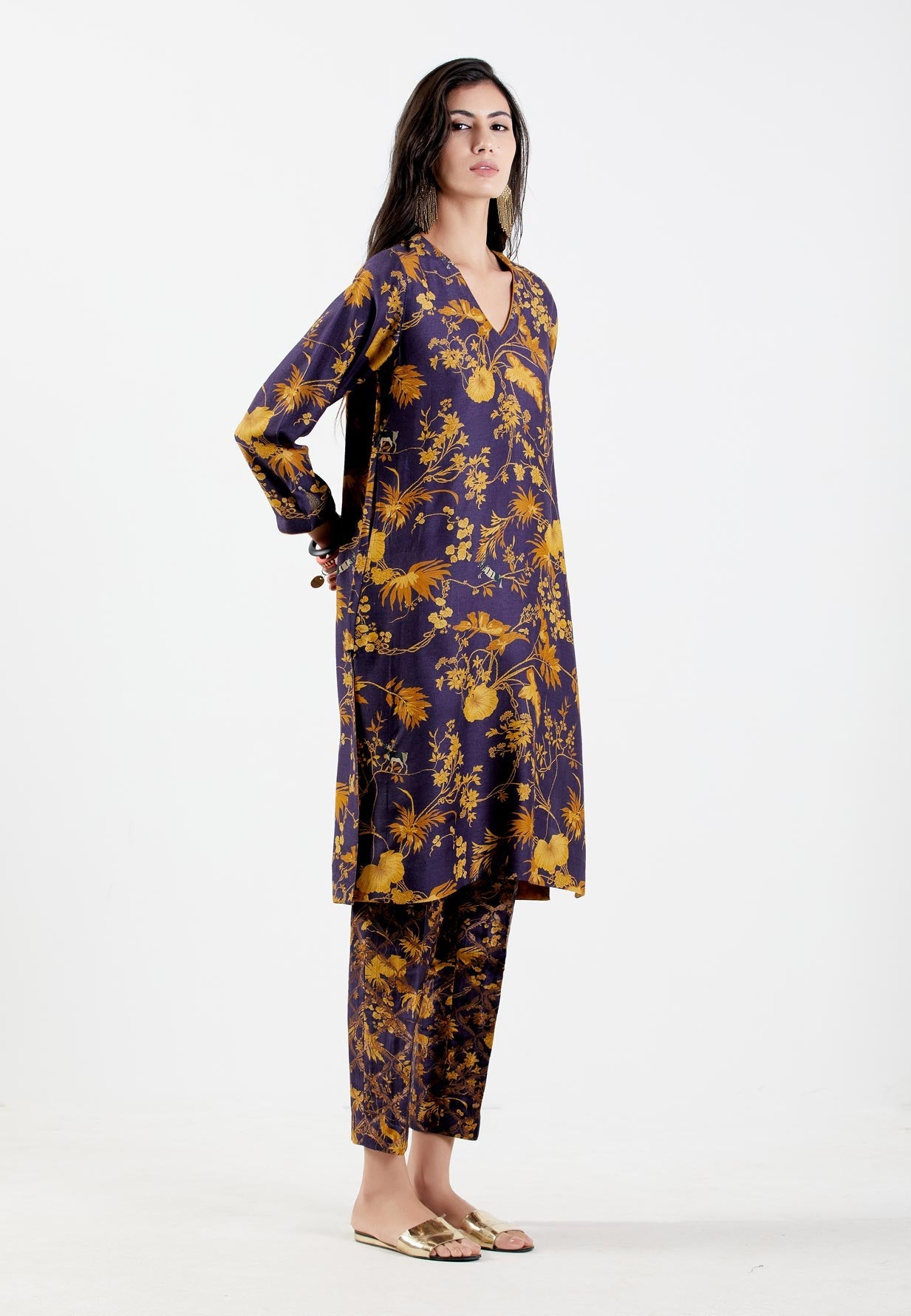Elegant V Neck Kurta for Women - Premium Muga Satin Gold Embroidered Tunic - Perfect for Festivals, Weddings & Special Occasions