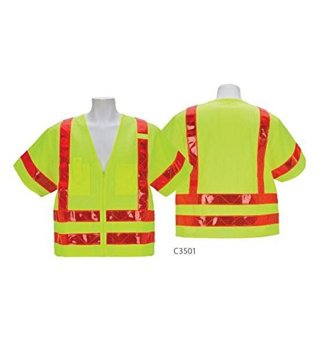 High Visibility Class III Safety Vest with Red & Lime Reflective Strips - Large Size for Construction, Road Work & Emergency Responders