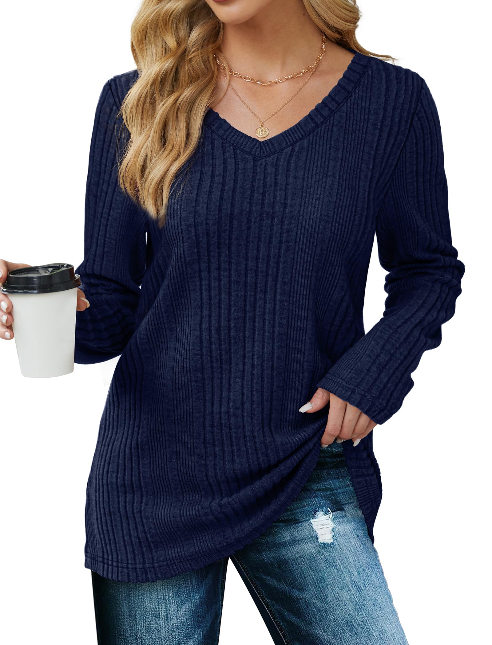 Women's Long Sleeve V-Neck Tunic Sweater - Lightweight Knit Top for Fall & Winter 2024 | Casual Office Wear, Layering Piece, Everyday Comfort