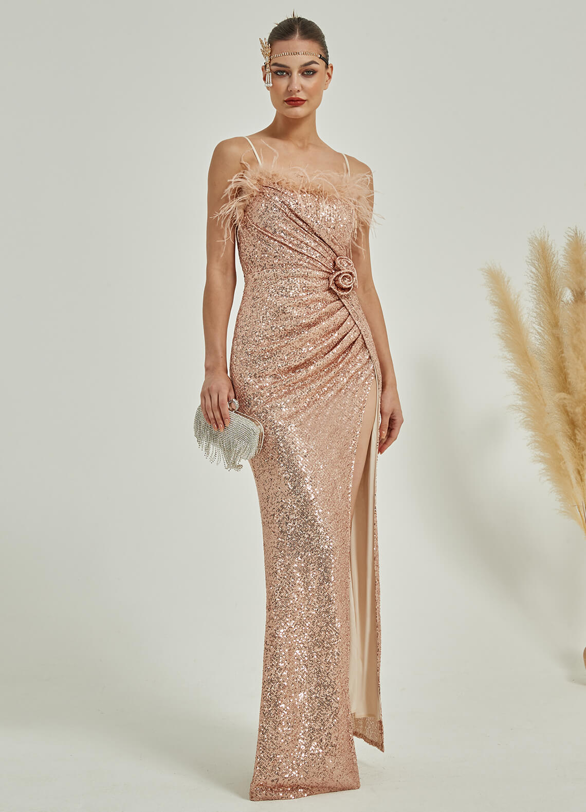 Champagne Gold Luxury Feather Sequin Maxi Formal Gown with Spaghetti Straps - Perfect for Evening Galas, Prom, Weddings & Red Carpet Events