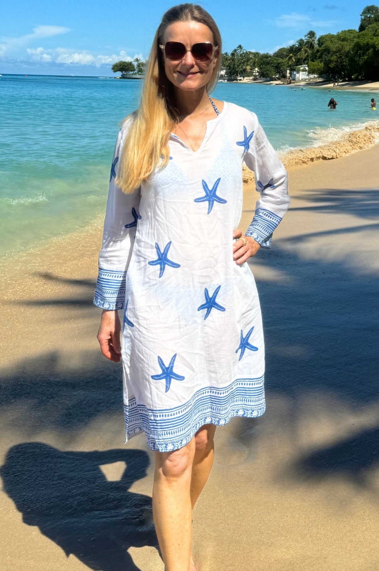 Organic Cotton Guadalupe Short Tunic - Starfish White & Cobalt Blue | Casual Summer Top for Women, Beach Cover-Up, Boho Chic Outfit