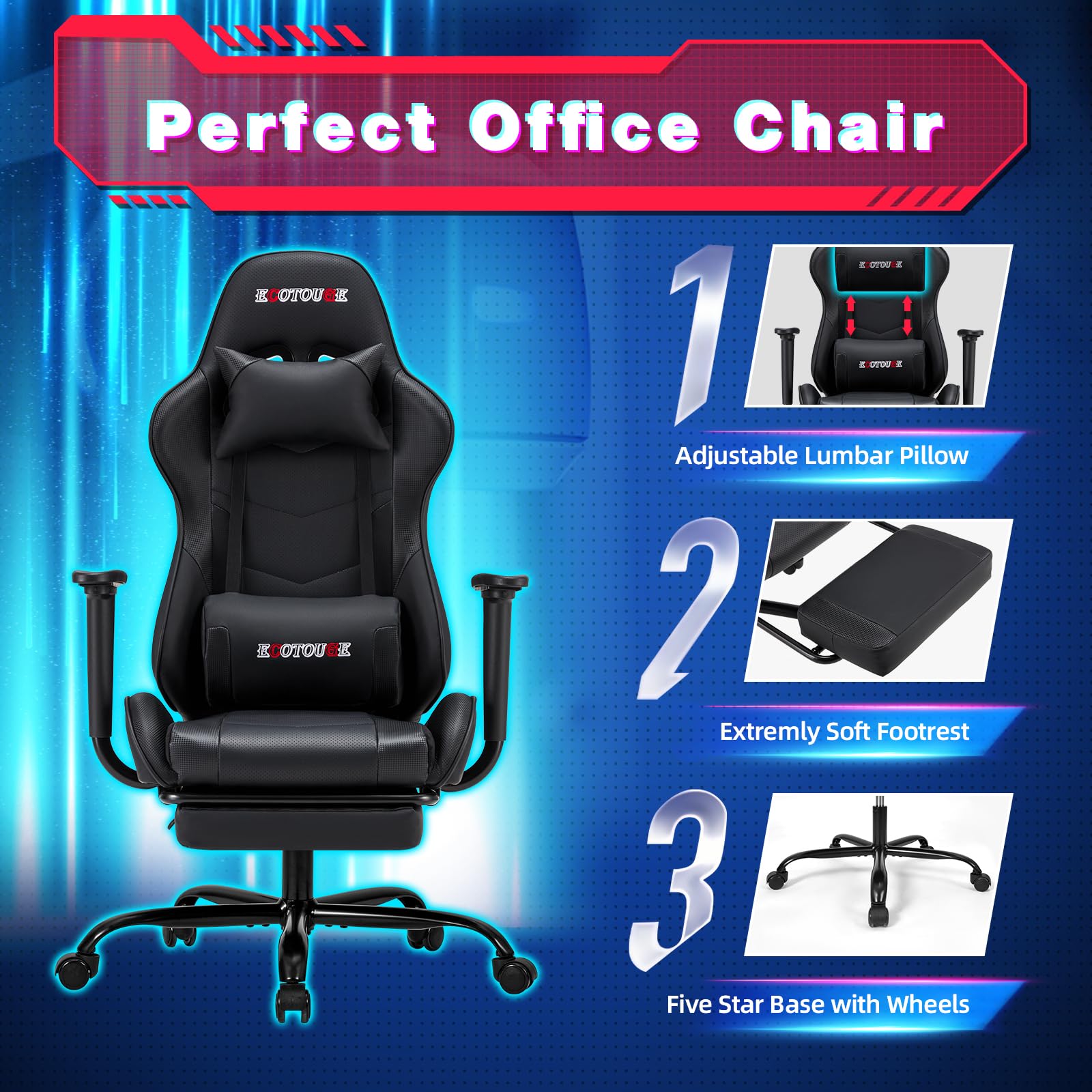 ECOTOUGE Ergonomic Gaming Chair with Footrest - PU Leather PC Massage Office Desk Chair, Recliner Swivel Rocker with Adjustable Headrest & Lumbar Support - Black - Perfect for Gaming, Working & Relaxing at Home