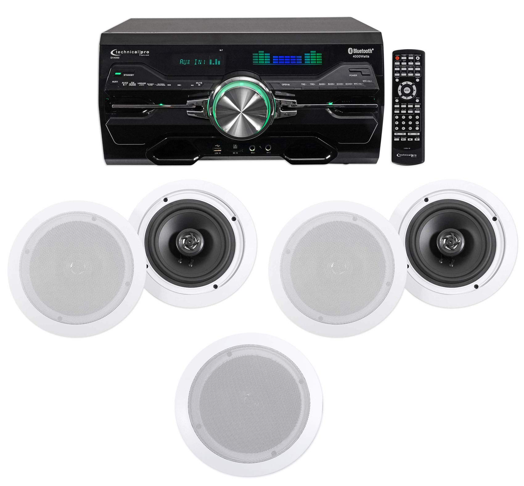 Technical Pro Professional 4000W Receiver Amplifier DVD Player with Bluetooth USB FM & Rockville HC655 6.5