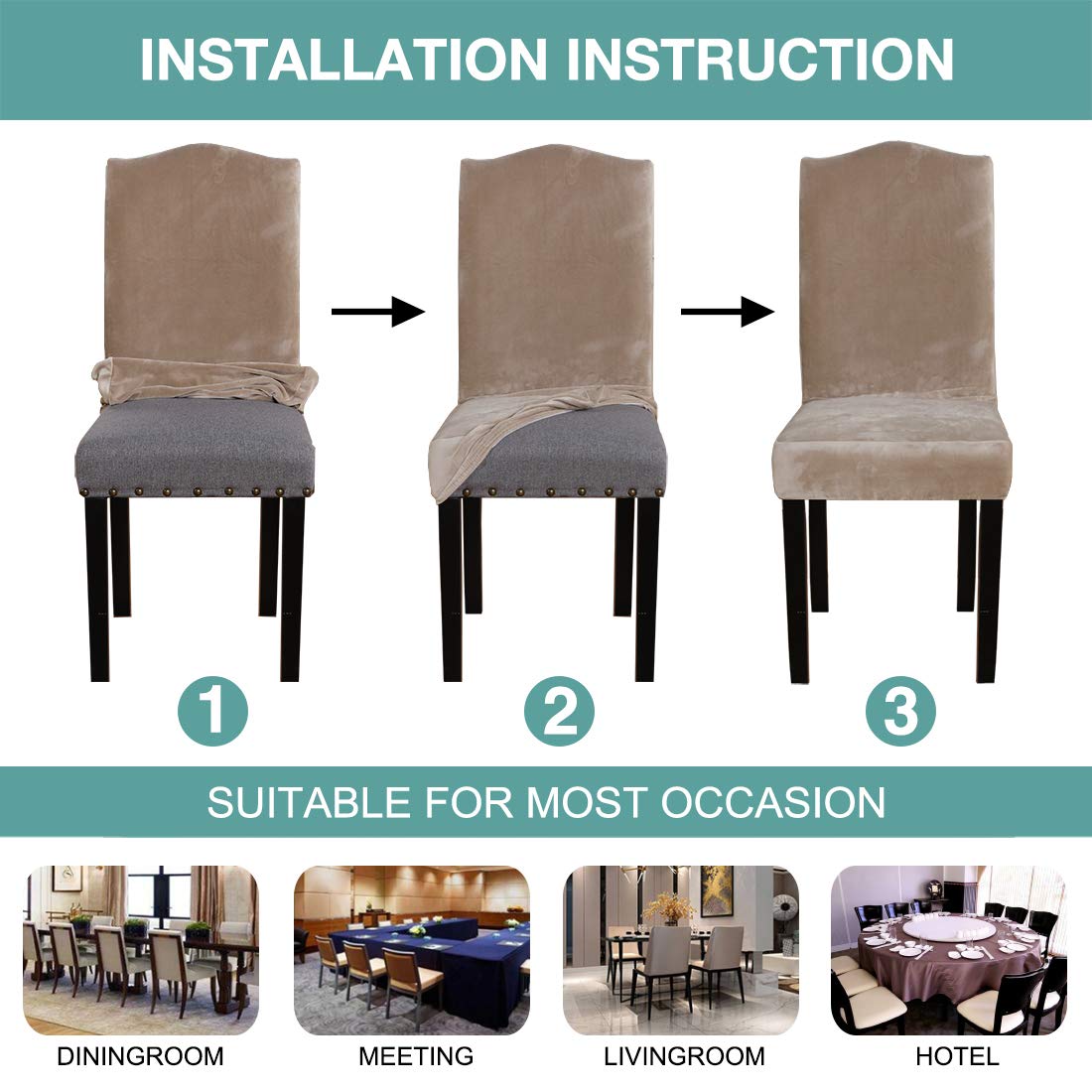 Luxury Velvet Dining Chair Covers Set of 6 - Turquoise Removable Slipcovers for Parson Chairs, Kitchen & Banquet - Washable Stretch Fabric for Home, Hotel & Wedding Ceremonies (Taupe, 6-Pack) - Perfect for Formal Dining, Restaurant Decor & Special Events