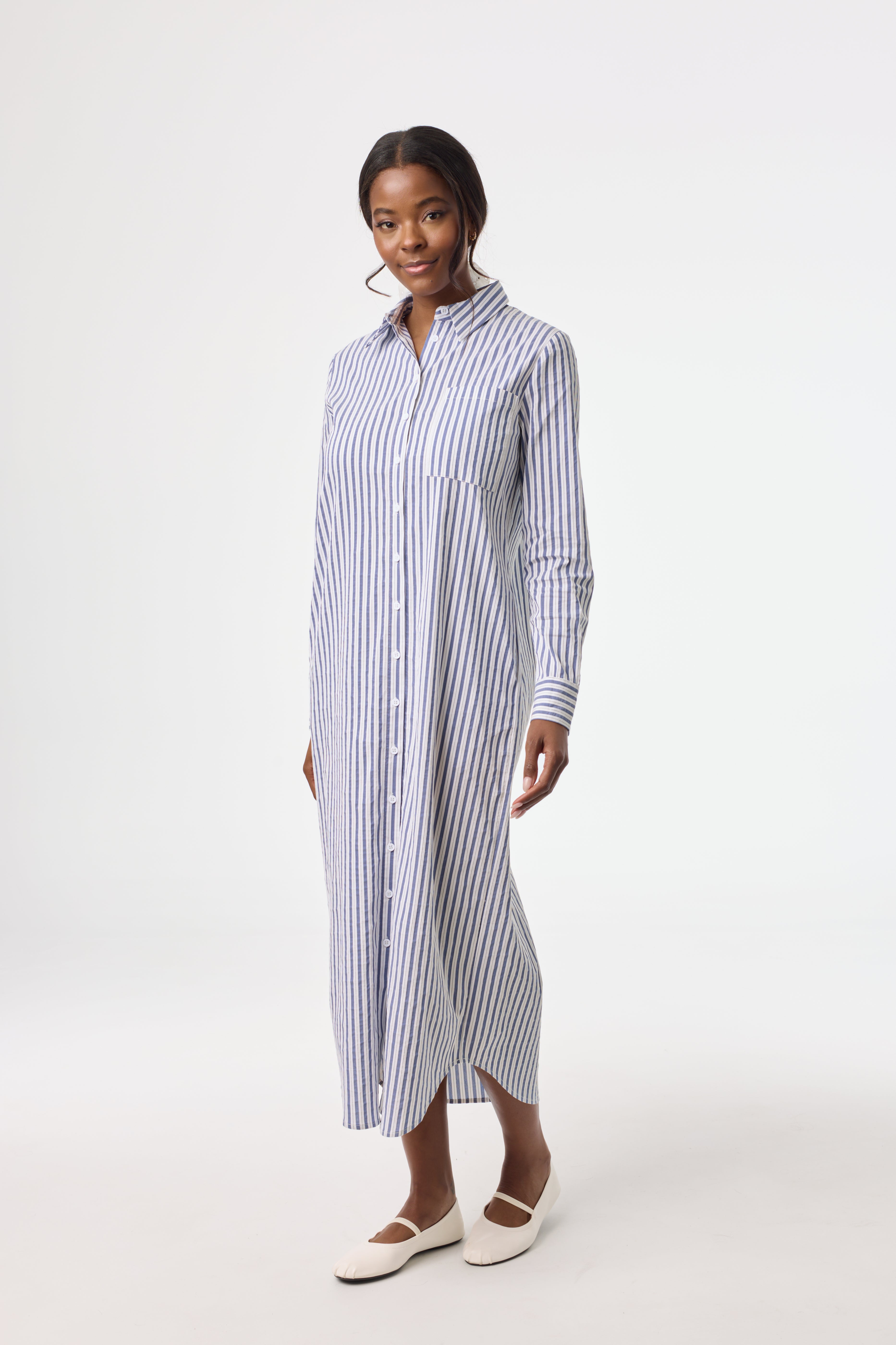 Blue Striped Stretch Maxi Shirt Dress for Women - Comfortable Long Sleeve Button Down Dress - Perfect for Office, Casual Outings & Summer Vacations