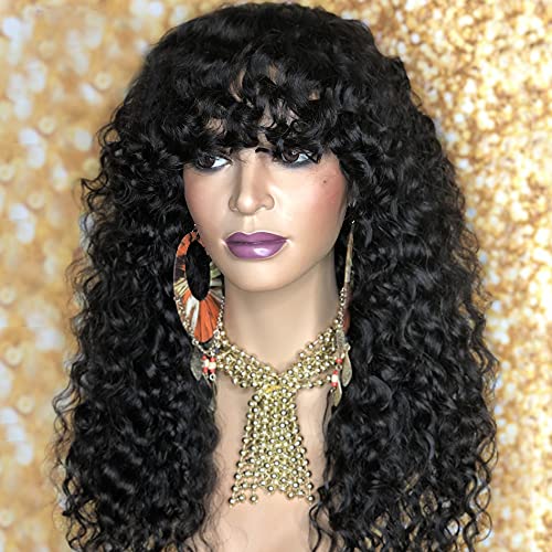 Brazilian Remy Human Hair Machine Made Scalp Top Curly Wig with Bangs for Black Women - 200% Density, 16 Inch Natural Color - Perfect for Daily Wear, Parties & Special Occasions