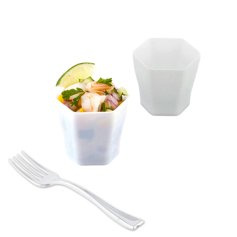 100 Pack 2 oz Hexagon White Plastic Shot Glasses with 100 Silver Plastic Mini Forks - Perfect for Parties, Weddings, and Cocktail Events