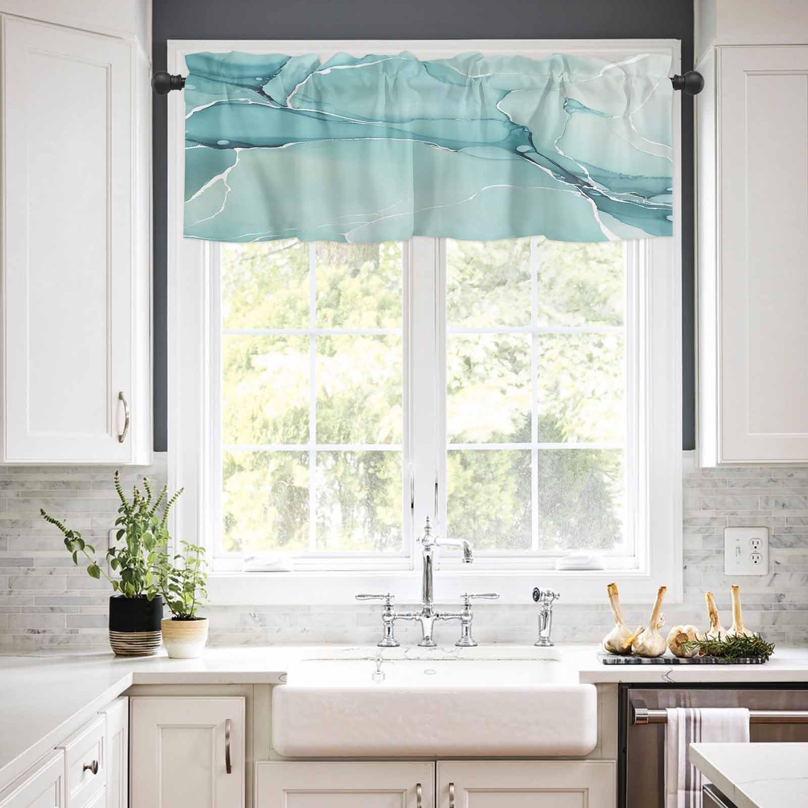 Marble Window Valance - Teal Blue Farmhouse Design for Living Room & Bedroom Decor