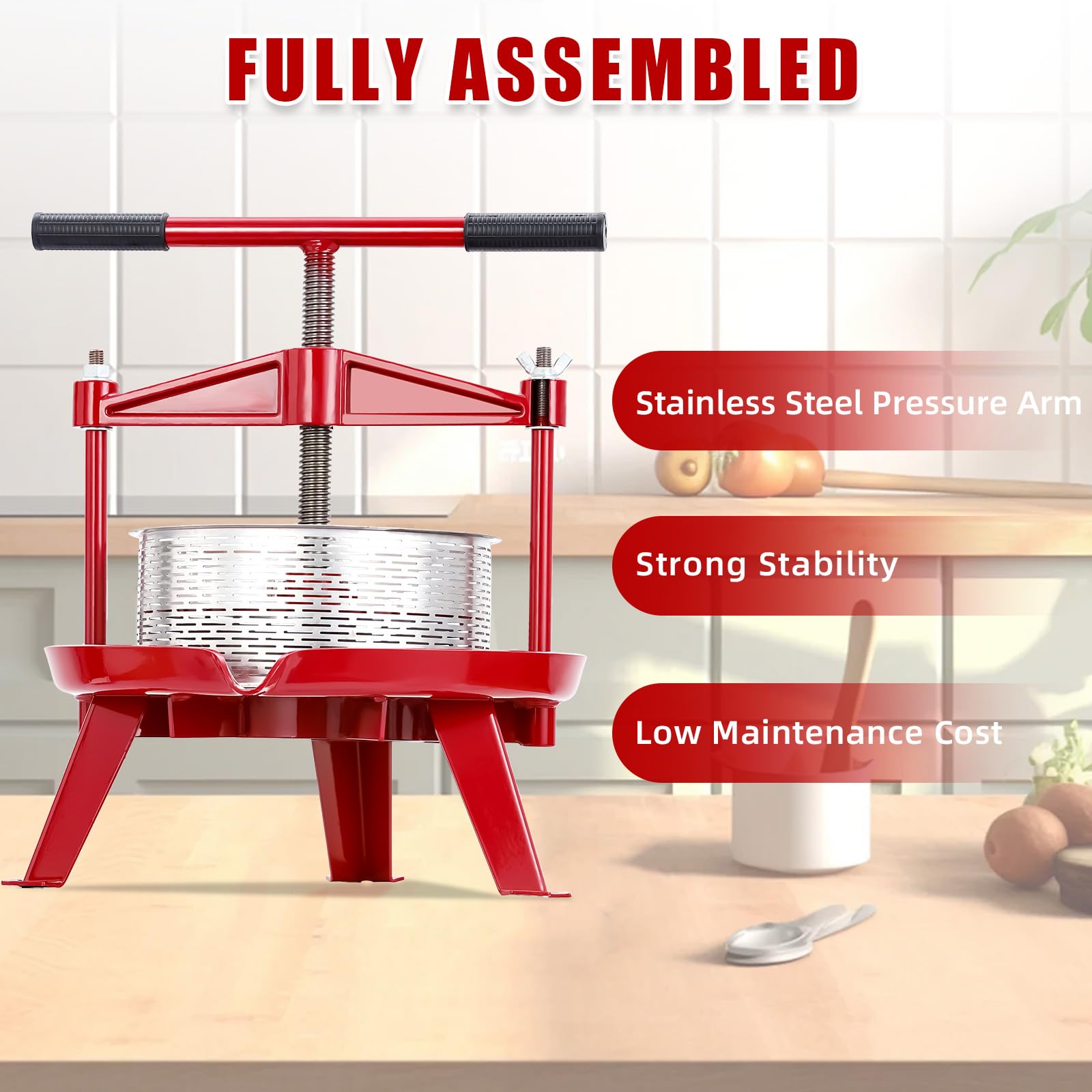 1.32 Gallon Manual Fruit Wine Press with T-Handle - Stainless Steel Apple Cider Press for Home Winemaking, Kitchen & Outdoor Use - Stable Triangular Structure for Juicing Grapes, Berries & Fruits