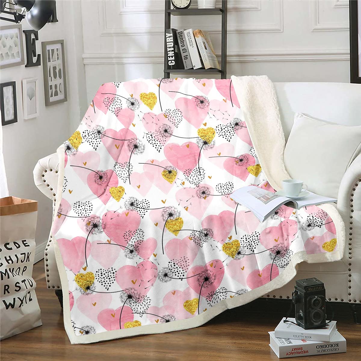 Soft Pink Dandelion Sherpa Fleece Blanket with Gold Heart Tie-Dye Design - 30