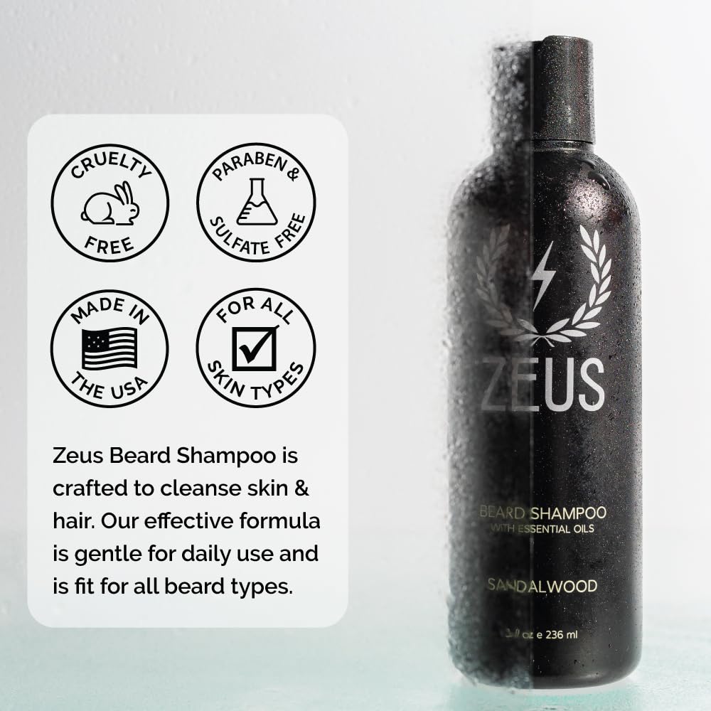 Zeus Beard Shampoo and Wash for Men - 8oz Natural Beard Cleanser with Verbena Lime Scent - Hydrating & Conditioning Beard Care for Soft, Healthy Facial Hair - Perfect for Daily Grooming & Styling Routine