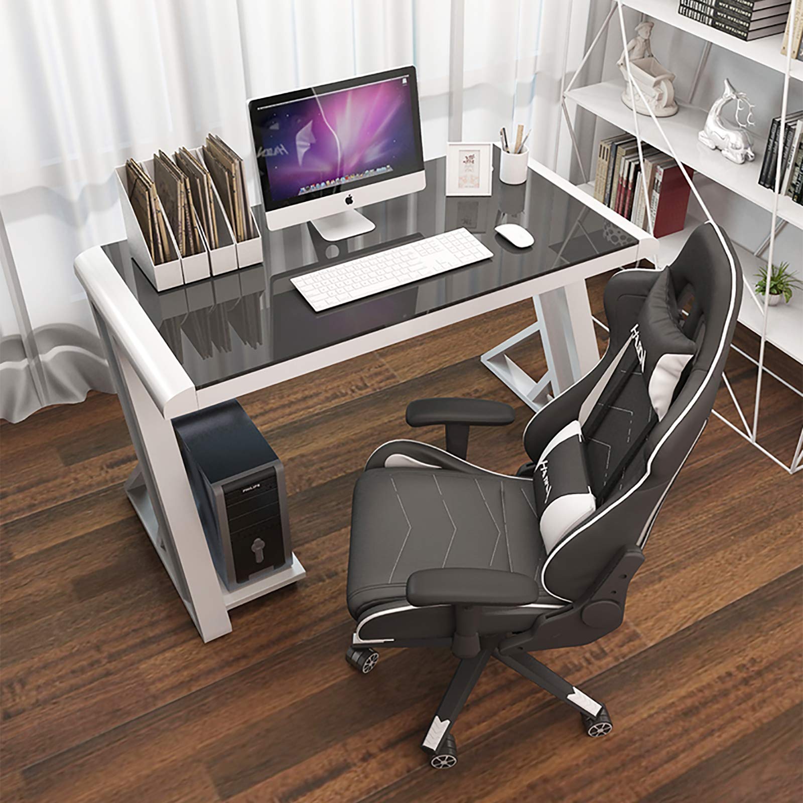 Premium Glass Top & Metal Frame Computer Desk - Ergonomic Gaming & Home Office Workstation for E-Sports, Racing Style Design - Perfect for Gaming Setup, Remote Work & Study Spaces