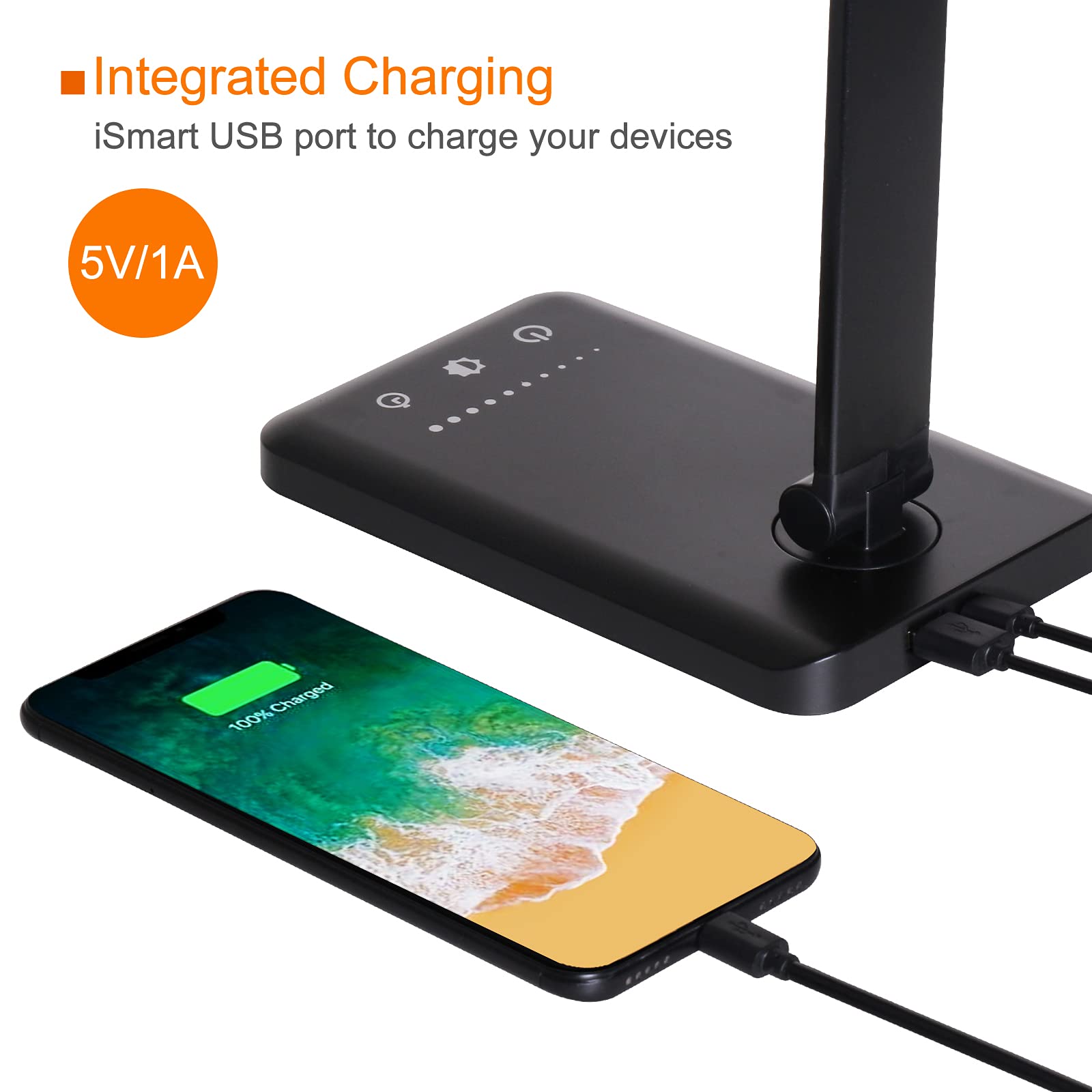 LED Desk Lamp with USB Charging Port - Eye-Caring Stepless Dimmable Office Light, Touch/Memory/Timer, 25 Brightness Levels, Foldable Design for Reading, Studying & Working - Perfect for Home Office, Dorm Room & Nightstand Use