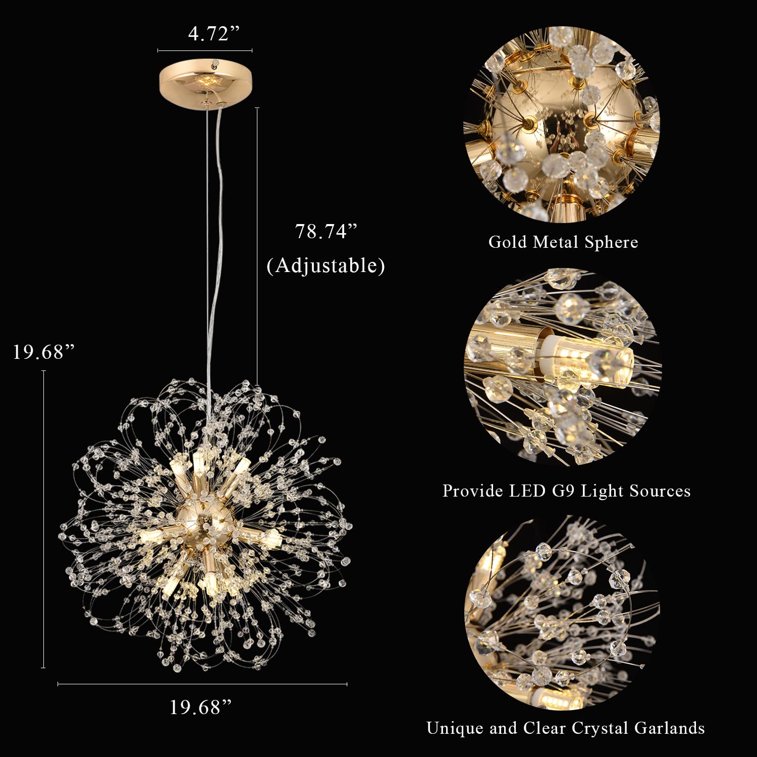 Modern Gold Sputnik Chandelier - 9-Light Dandelion Crystal Beaded Pendant Lighting Fixture for Dining Room, Bedroom, Living Room & Farmhouse Kitchen Island - Elegant Ceiling Lamp for Home Decor, Wedding & Restaurant Lighting